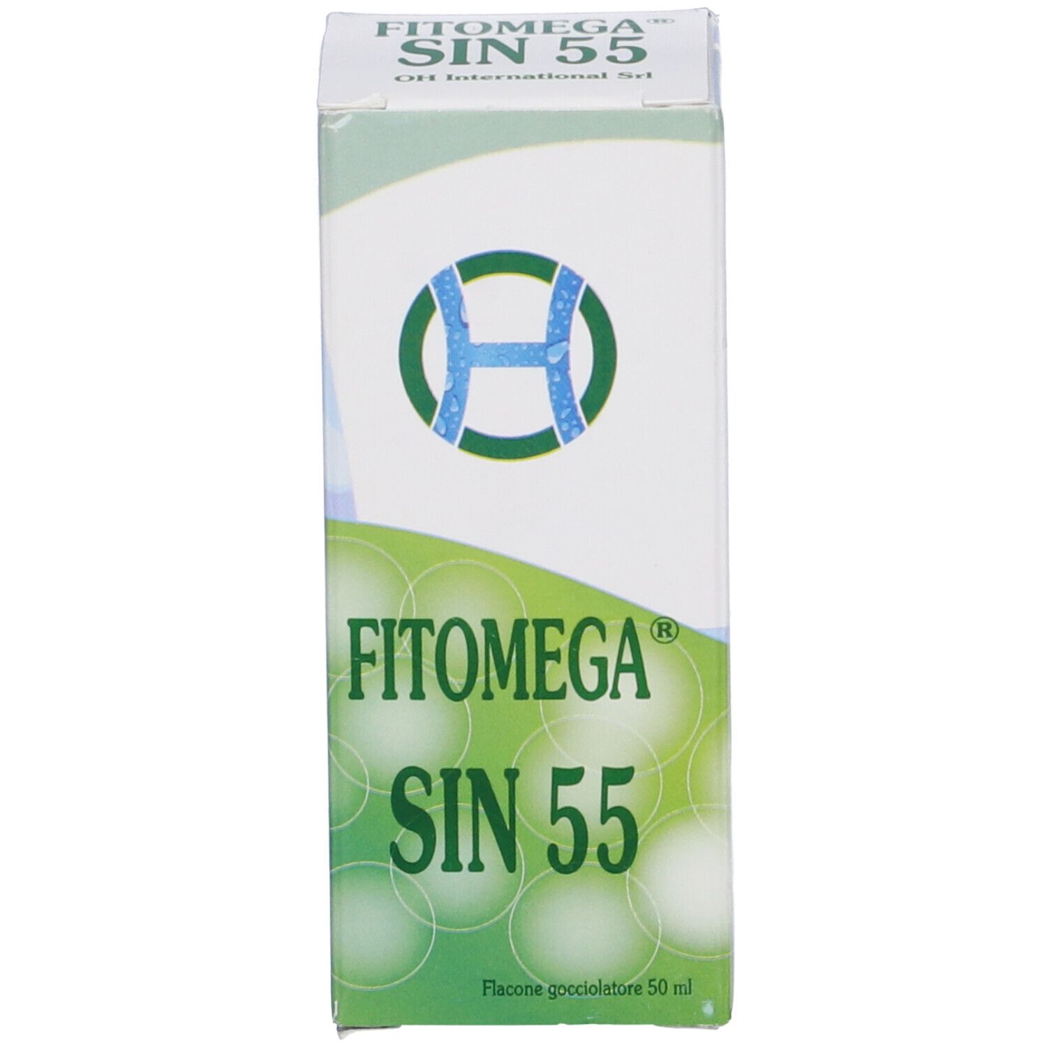 Scatola con nome e logo del prodotto. Bianca con elementi verdi e blu.