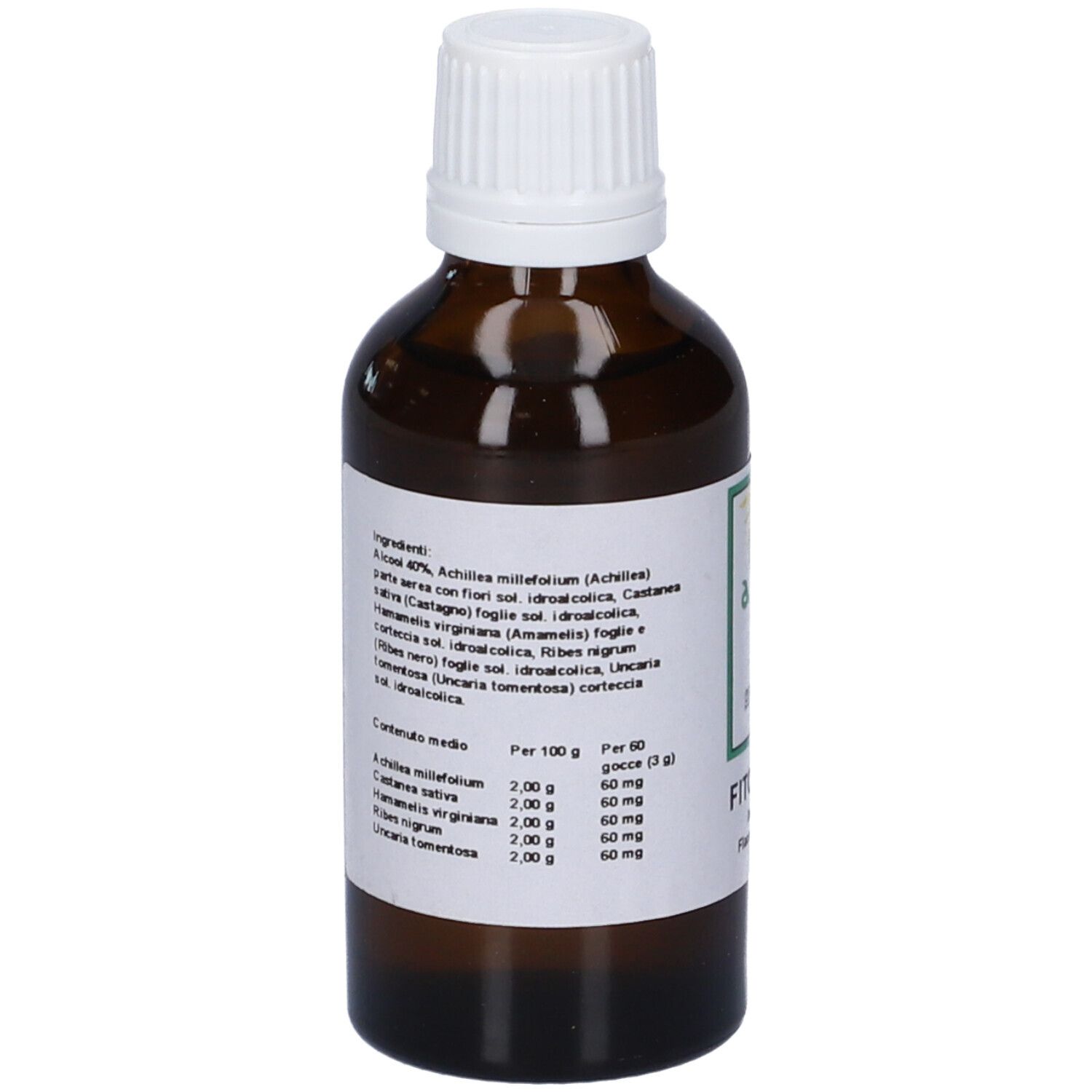 Flacone di vetro marrone con tappo bianco. Etichetta con ingredienti e informazioni nutrizionali. Flacone contagocce.