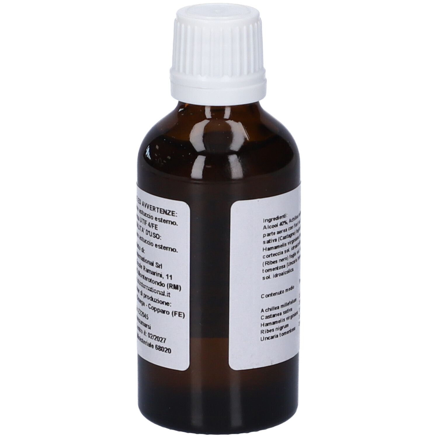 Flacone di vetro marrone con tappo bianco. Etichetta con avvertenze e informazioni del produttore. Flacone contagocce.