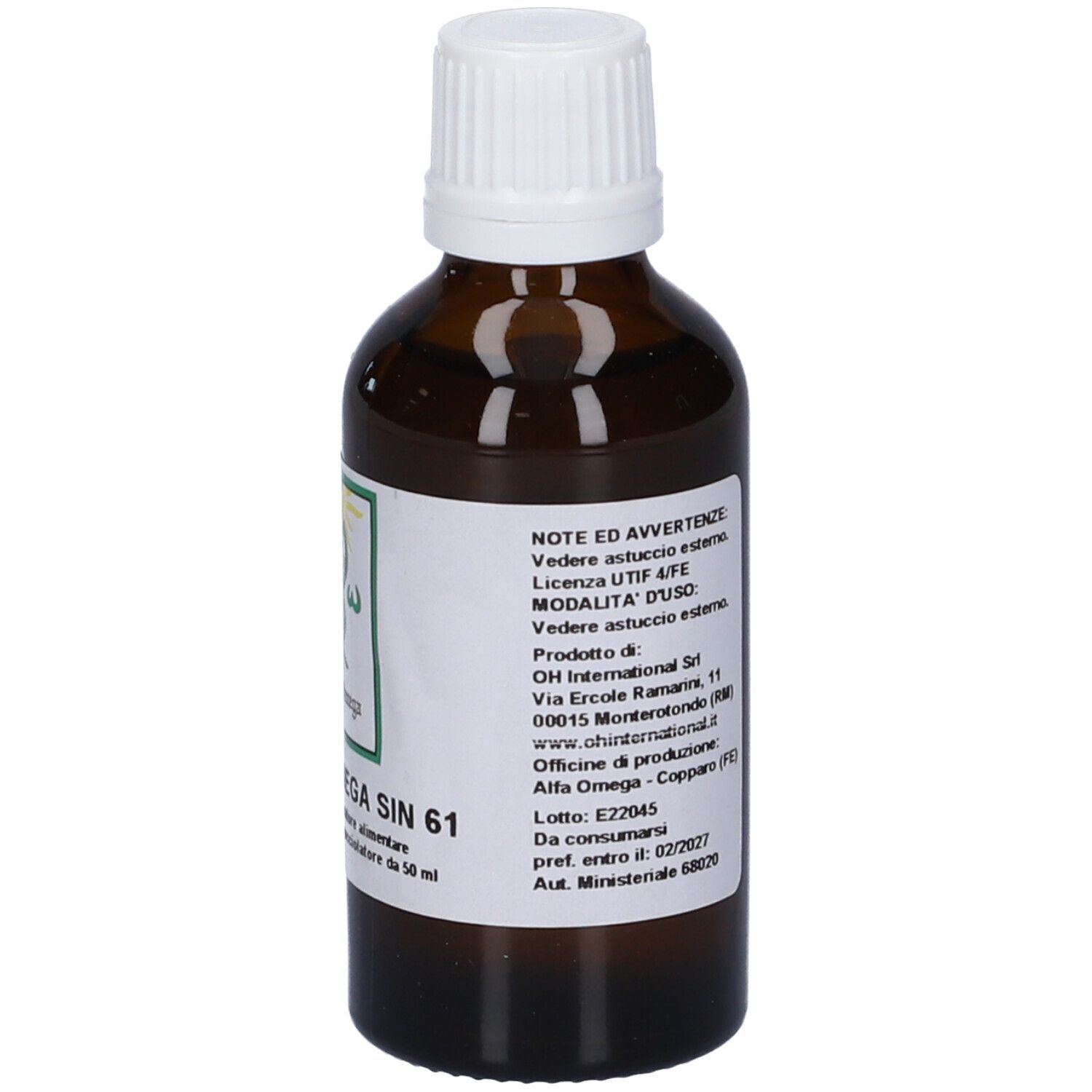 Flacone di vetro marrone con tappo bianco. Etichetta con istruzioni per l'uso e informazioni del produttore. Flacone contagocce.