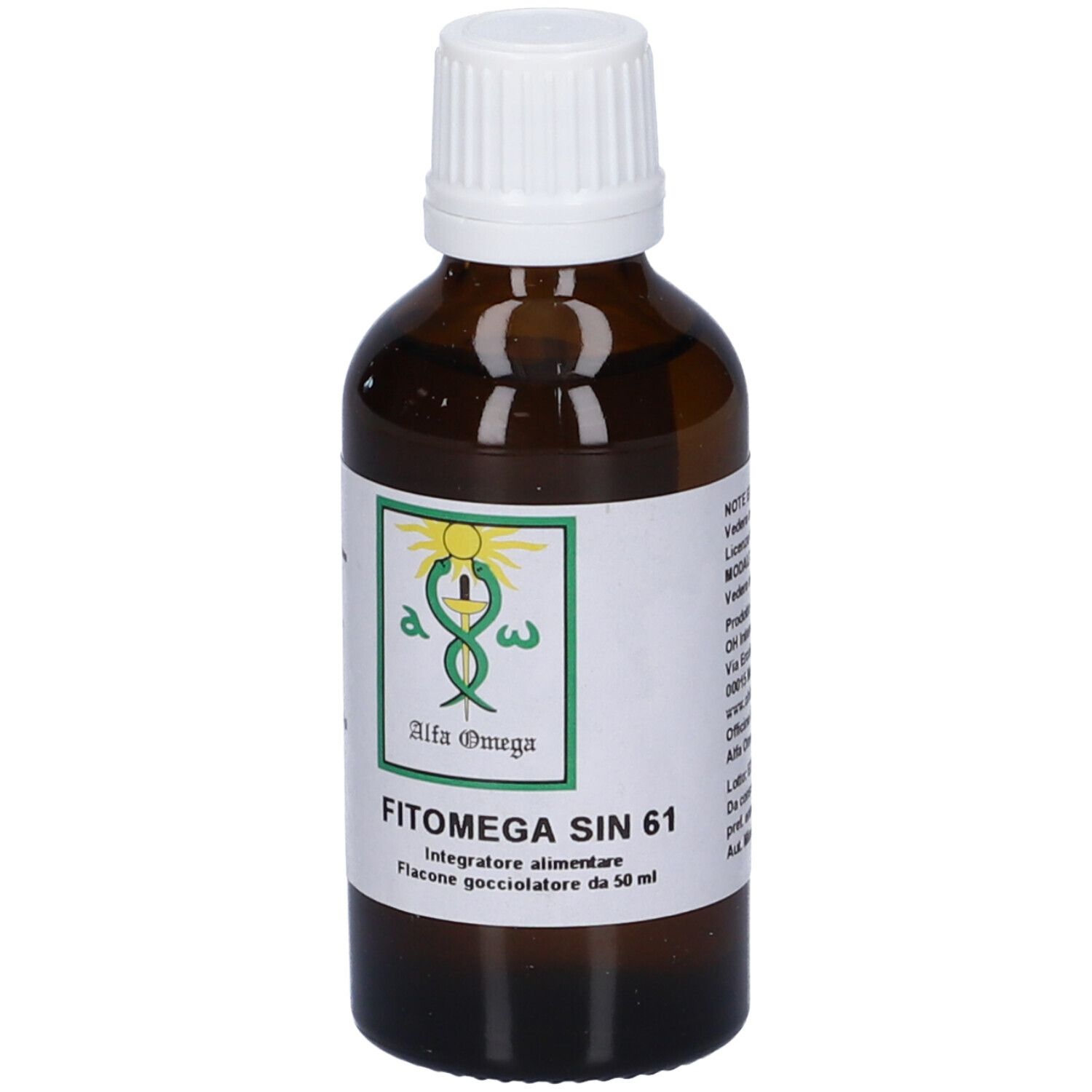 Flacone di vetro marrone con tappo bianco. Etichetta con nome e logo del prodotto. Flacone contagocce.