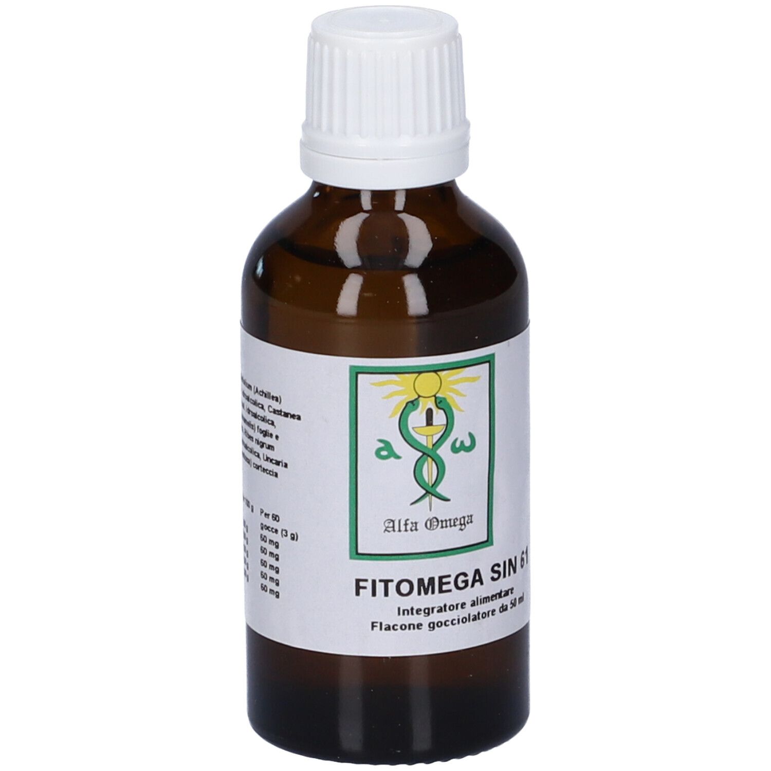 Flacone di vetro marrone con tappo bianco. Etichetta con nome e logo del prodotto. Flacone contagocce.