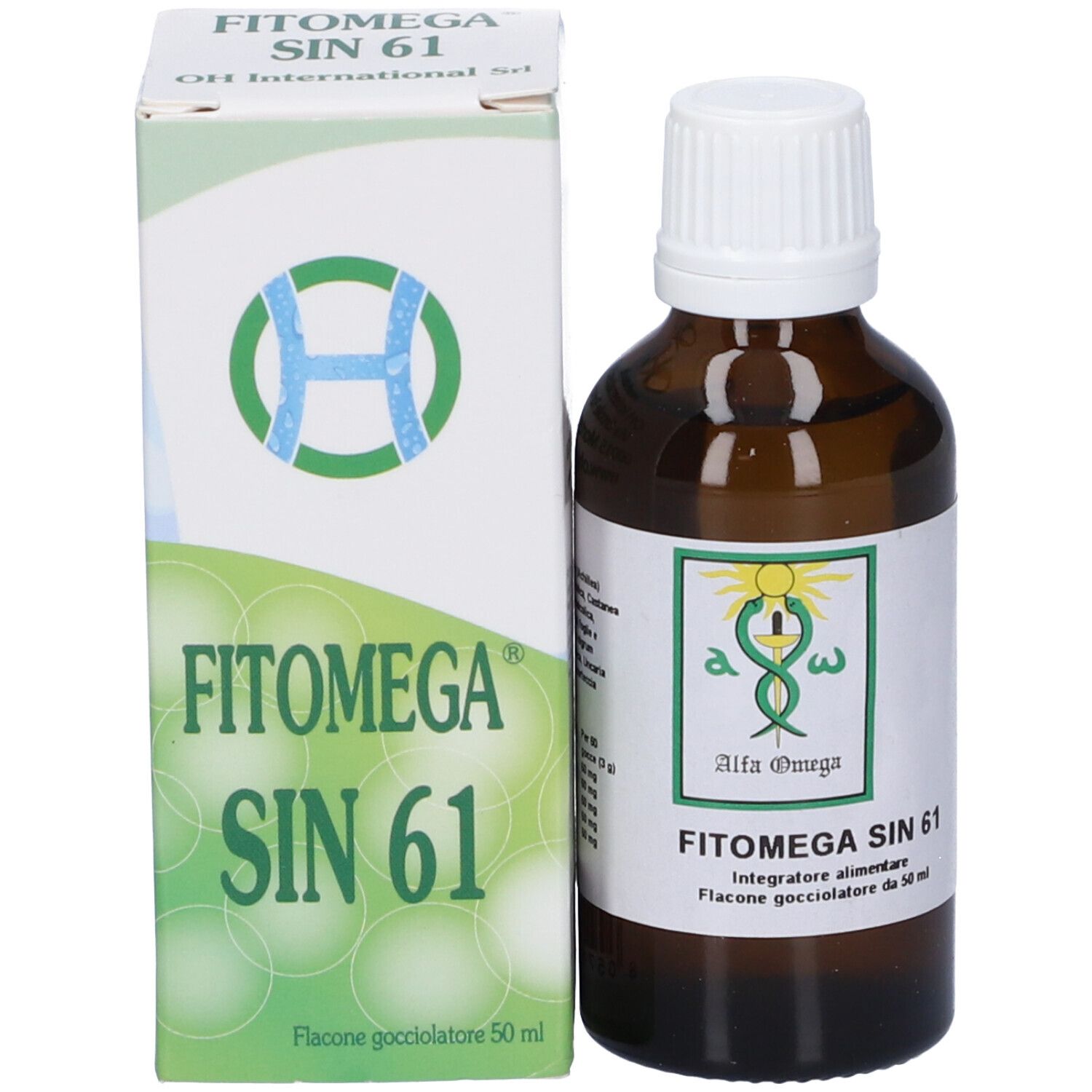 Flacone di vetro marrone e scatola. Il nome del prodotto è sulla scatola. Flacone contagocce.