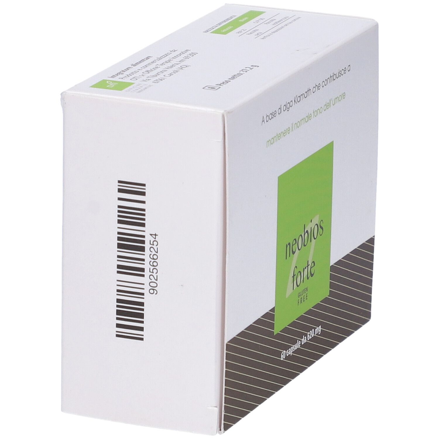 Scatola bianca con codice a barre e testo. Logo "neobios forte" sul lato. Senza glutine.