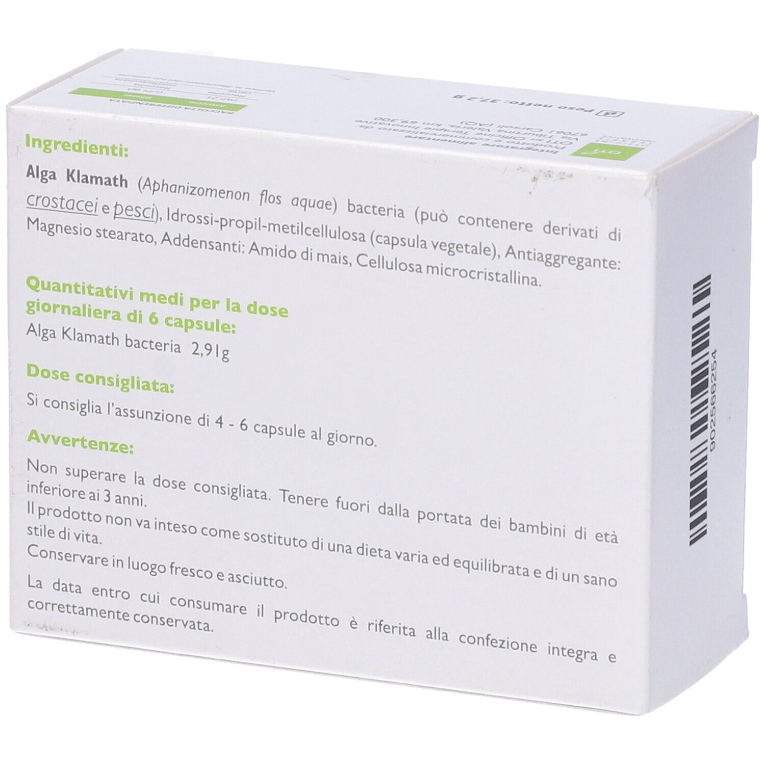 Retro della scatola bianca con ingredienti e istruzioni per il dosaggio. Testo in italiano.