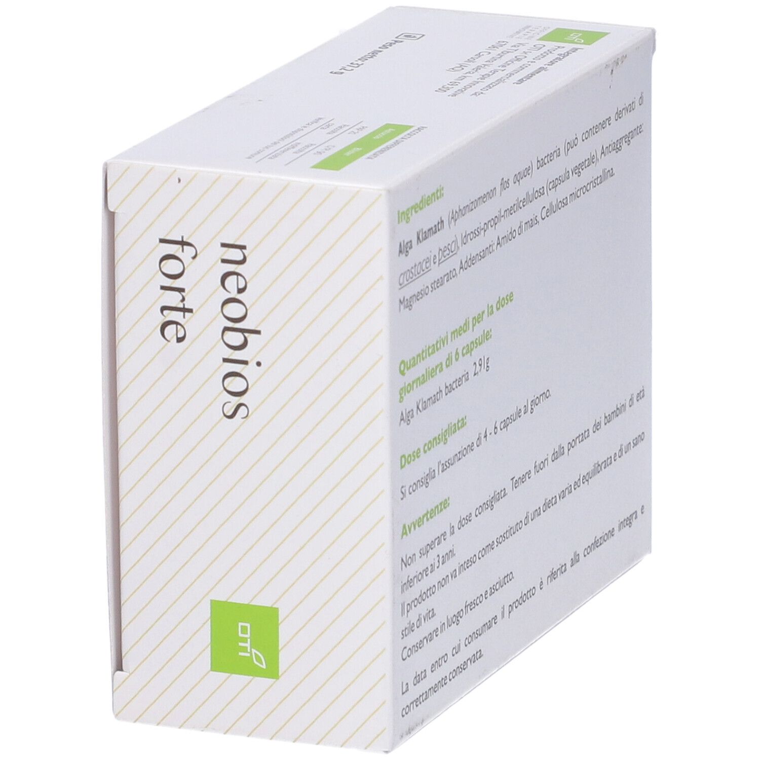 Vista laterale della scatola bianca con ingredienti e logo "neobios forte". Testo in italiano.