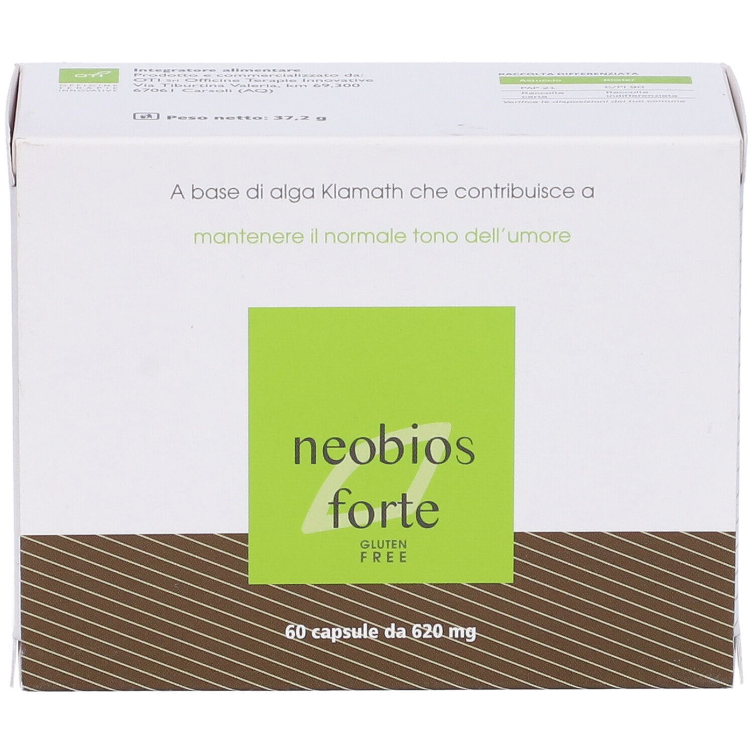 Scatola bianca con logo "neobios forte" e riquadro verde. Contiene 60 capsule. Senza glutine.