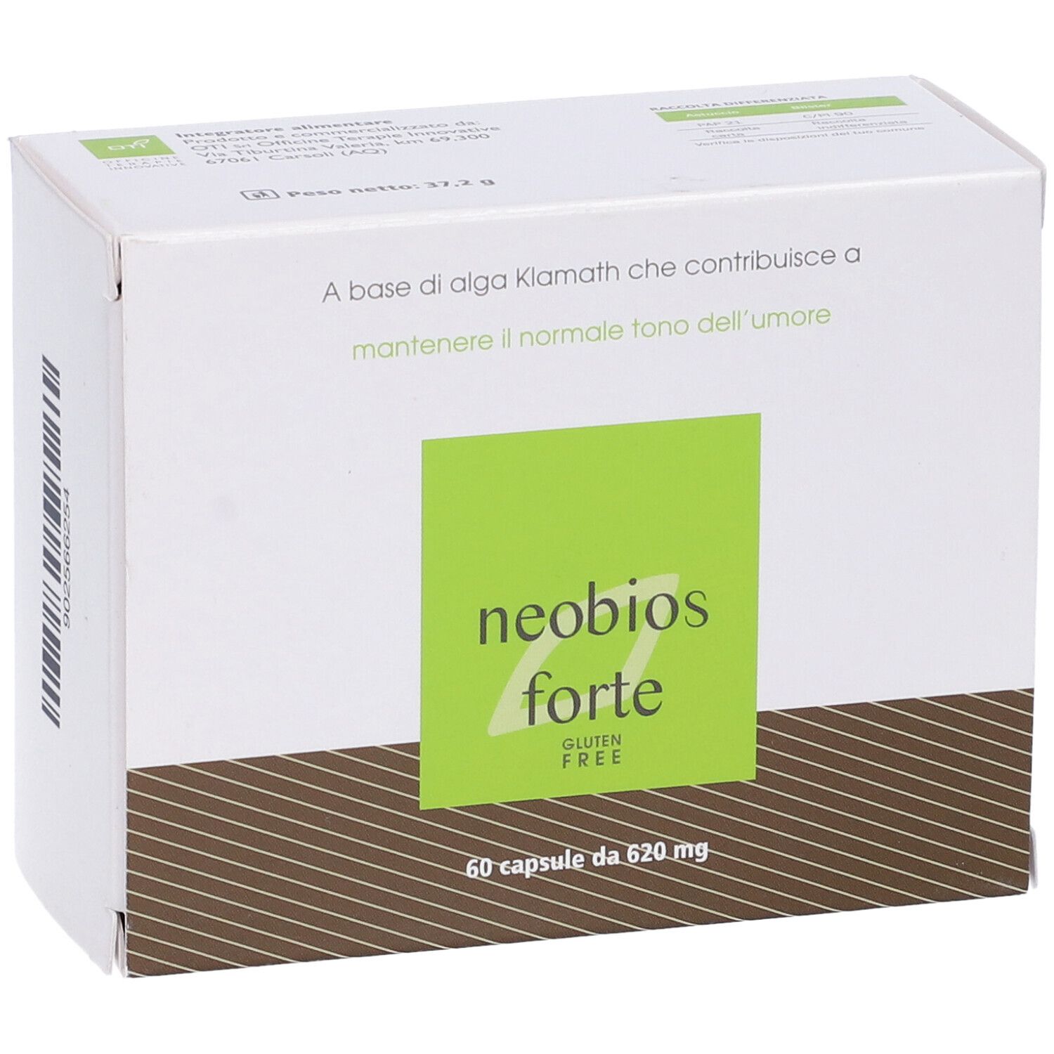 Scatola bianca con logo "neobios forte" e riquadro verde. Contiene 60 capsule. Senza glutine.