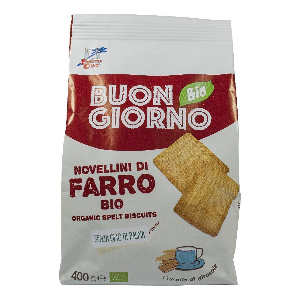 Confezione 'Buon Giorno Bio' con 'Novellini di Farro Bio'. Scritto 'Senza olio di palma'. Contiene biscotti.