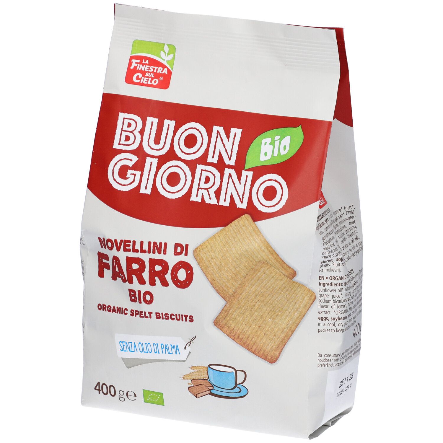 Confezione 'Buon Giorno Bio' con biscotti. 'Novellini di Farro Bio', 'Senza olio di palma'. Marchio bio e 400g.