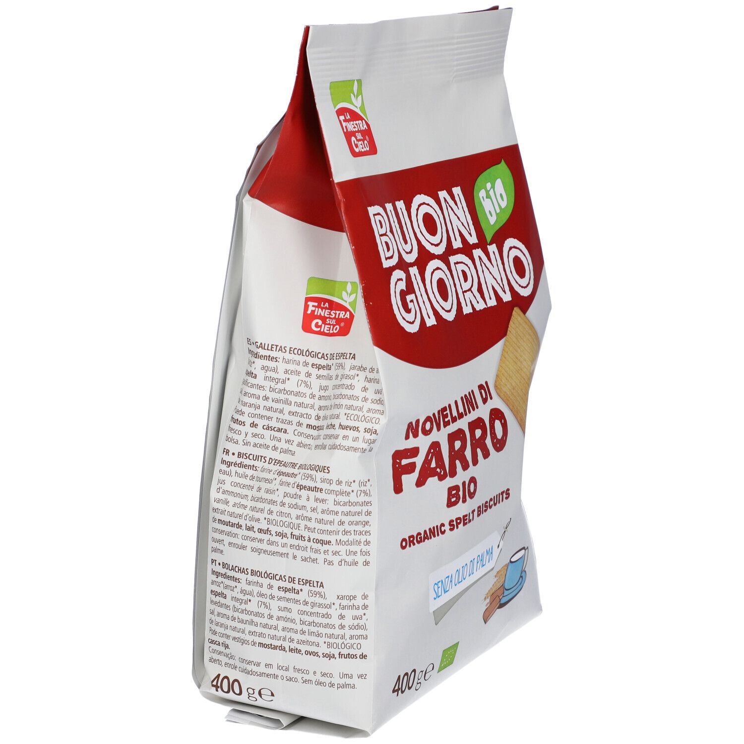 Confezione 'Buon Giorno Bio' con biscotti. 'Novellini di Farro Bio', 'Senza olio di palma'. Retro con testo.