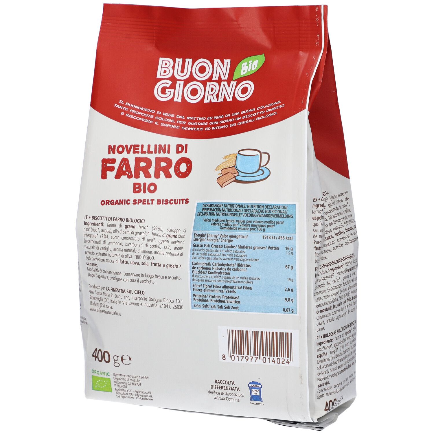 Confezione 'Buon Giorno Bio' con biscotti. 'Novellini di Farro Bio', 'Senza olio di palma'. Retro con valori nutrizionali.