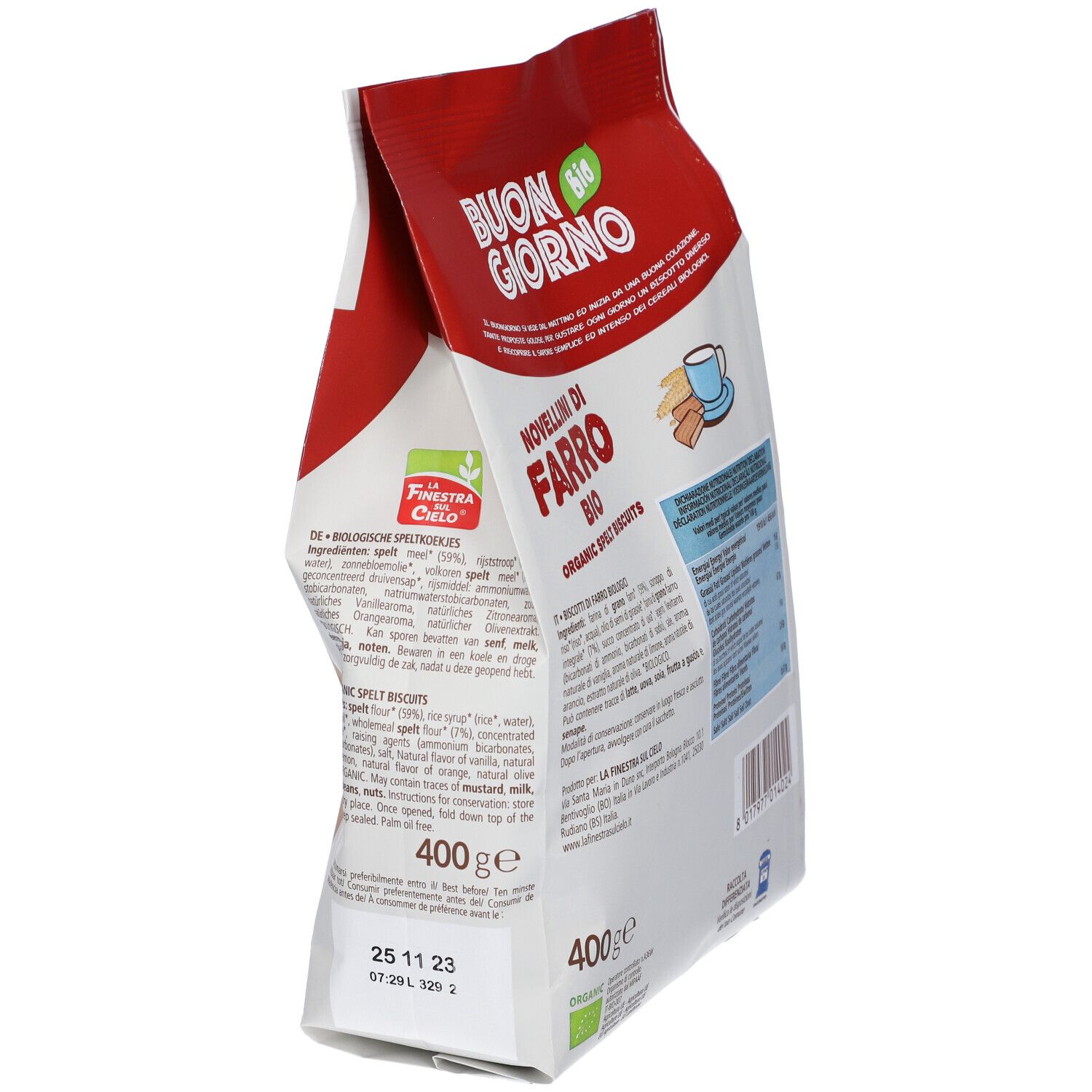 Confezione 'Buon Giorno Bio' con biscotti. 'Novellini di Farro Bio', 'Senza olio di palma'. Vista laterale con testo.