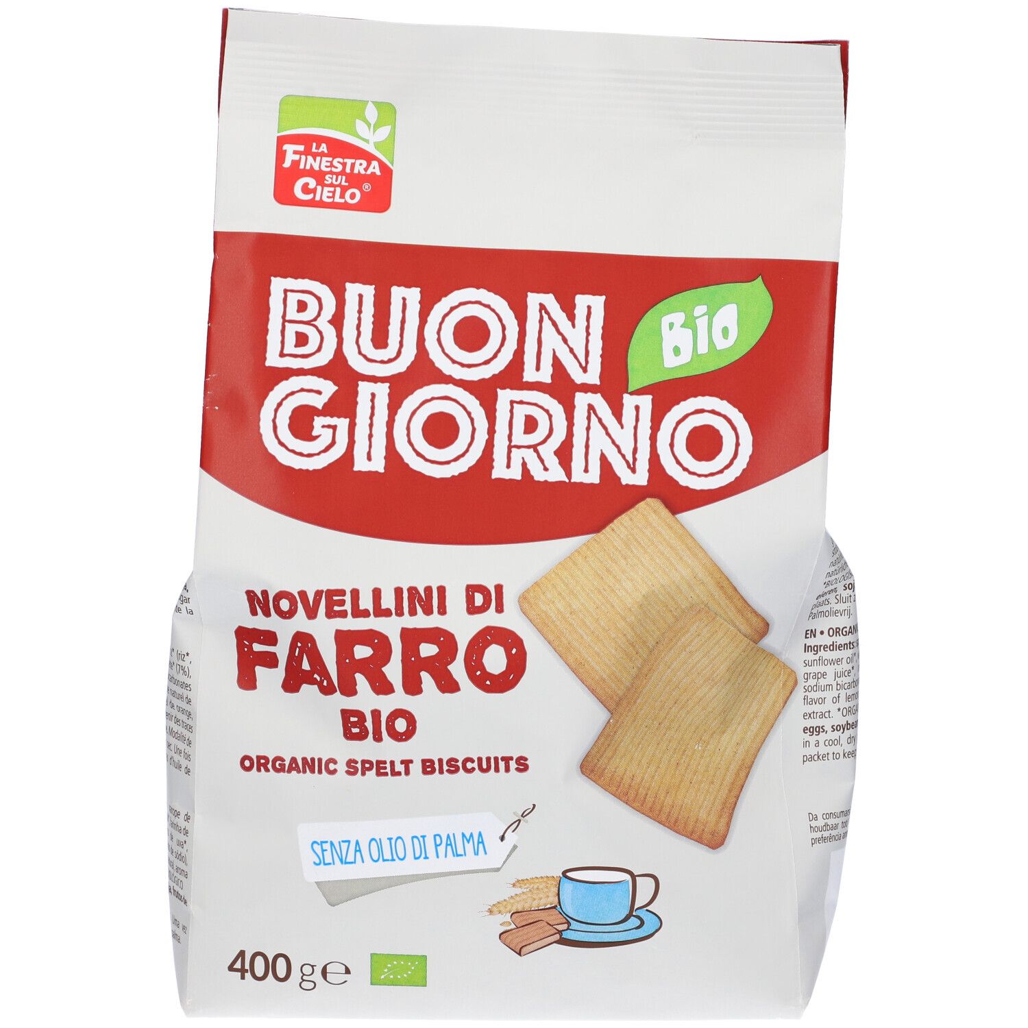 Confezione 'Buon Giorno Bio' con biscotti. 'Novellini di Farro Bio', 'Senza olio di palma'. Marchio bio e 400g.