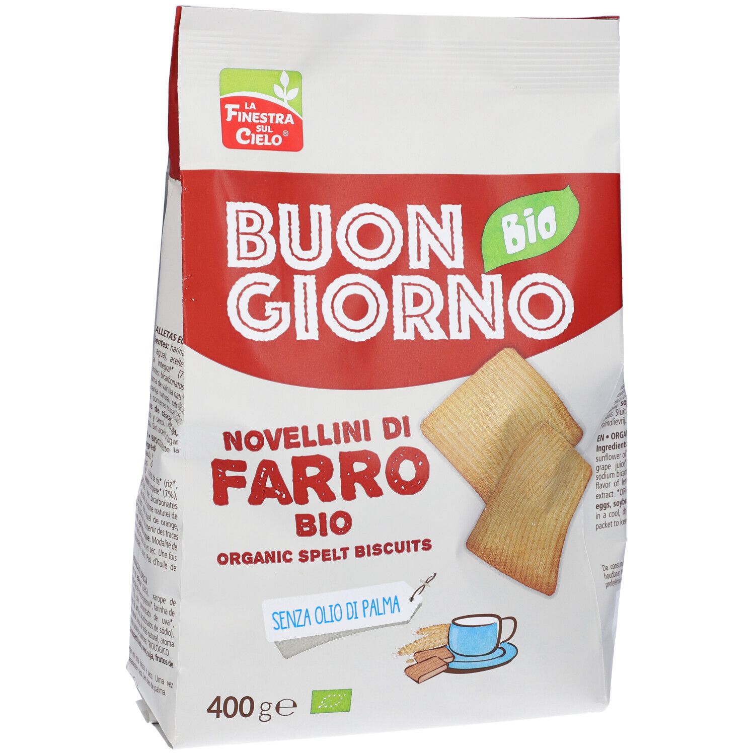 Confezione 'Buon Giorno Bio' con biscotti. 'Novellini di Farro Bio', 'Senza olio di palma'. Marchio bio e 400g.