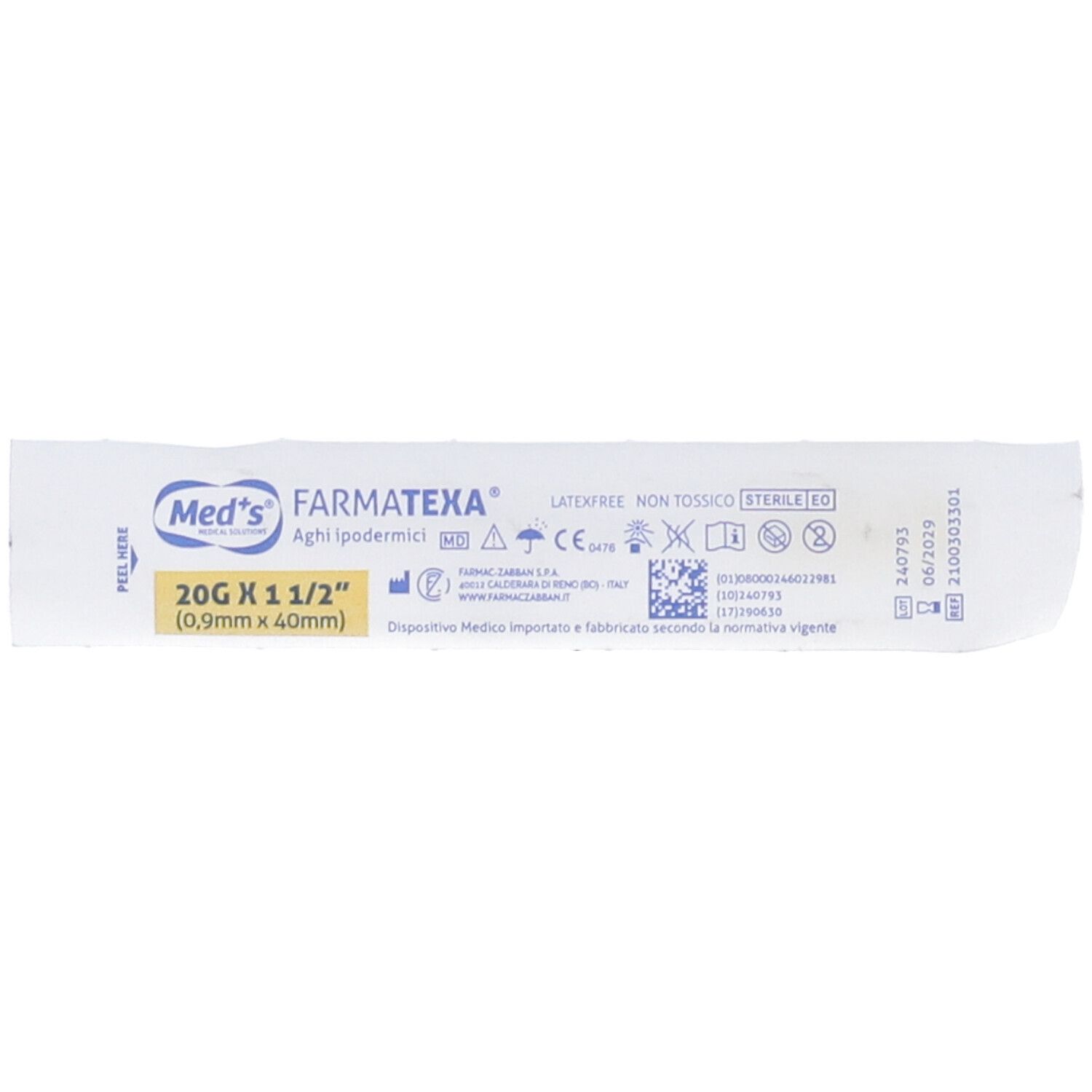 Confezione ago medico. Testo: 20G x 1 1/2". Marchio Med's Farmatexa. Senza lattice.