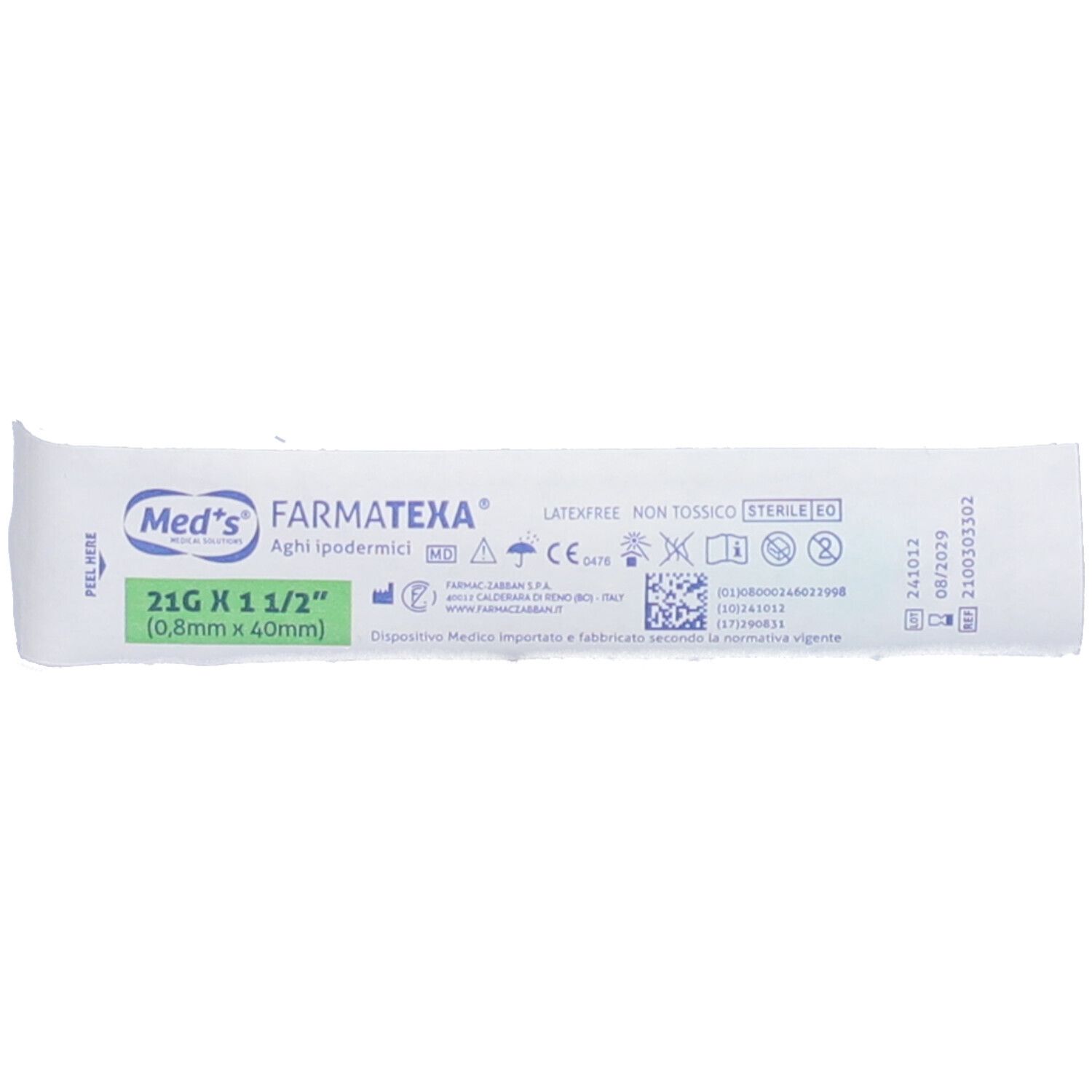 Confezione ago medico. Scritte: Med's, Farmatexa, 21G x 1 1/2".