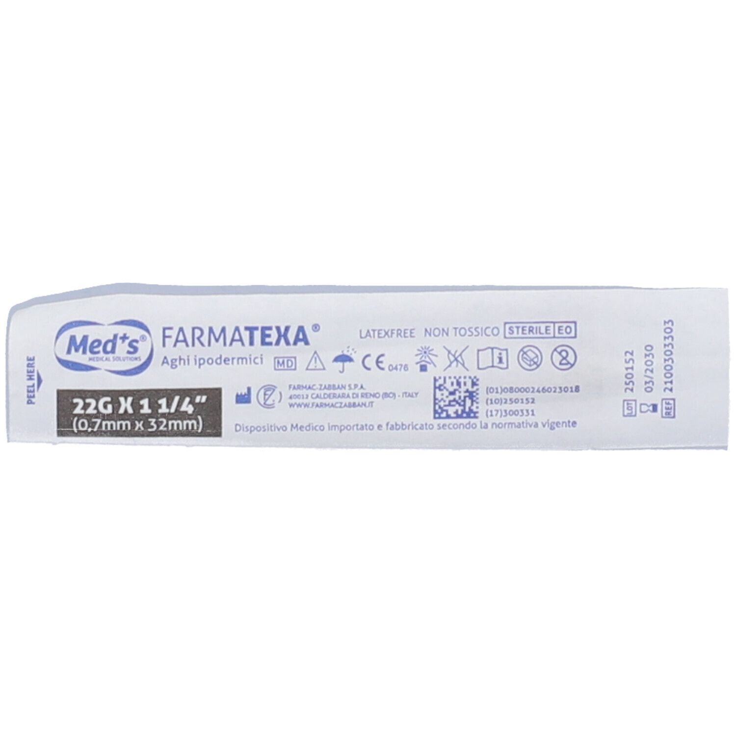 Confezione con informazioni sul prodotto. Testo: 22G x 1 1/4". Marchio: Med's Farmatexa. Senza lattice e atossico.