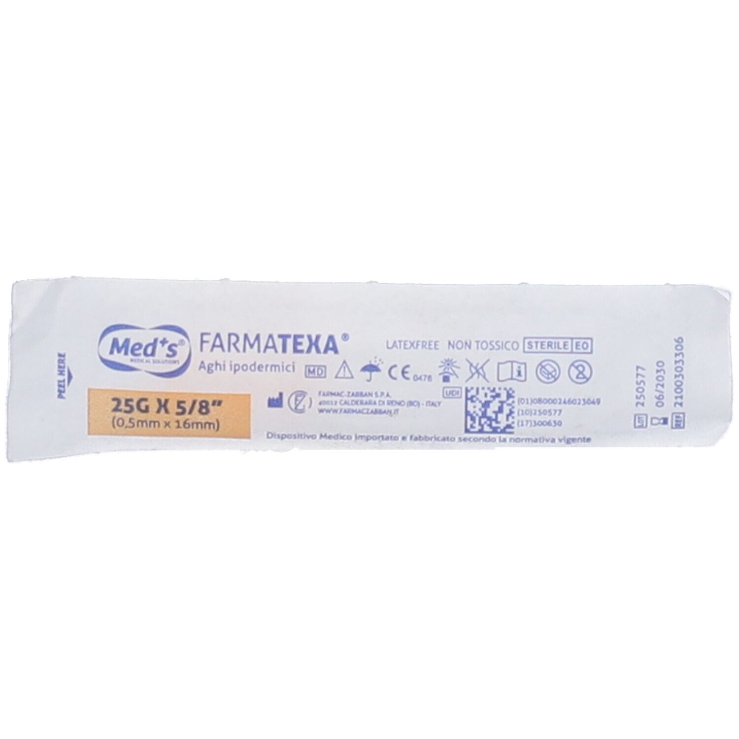 Confezione con informazioni sul prodotto. Testo: Med's Farmatexa, 25G x 5/8", senza lattice, sterile.