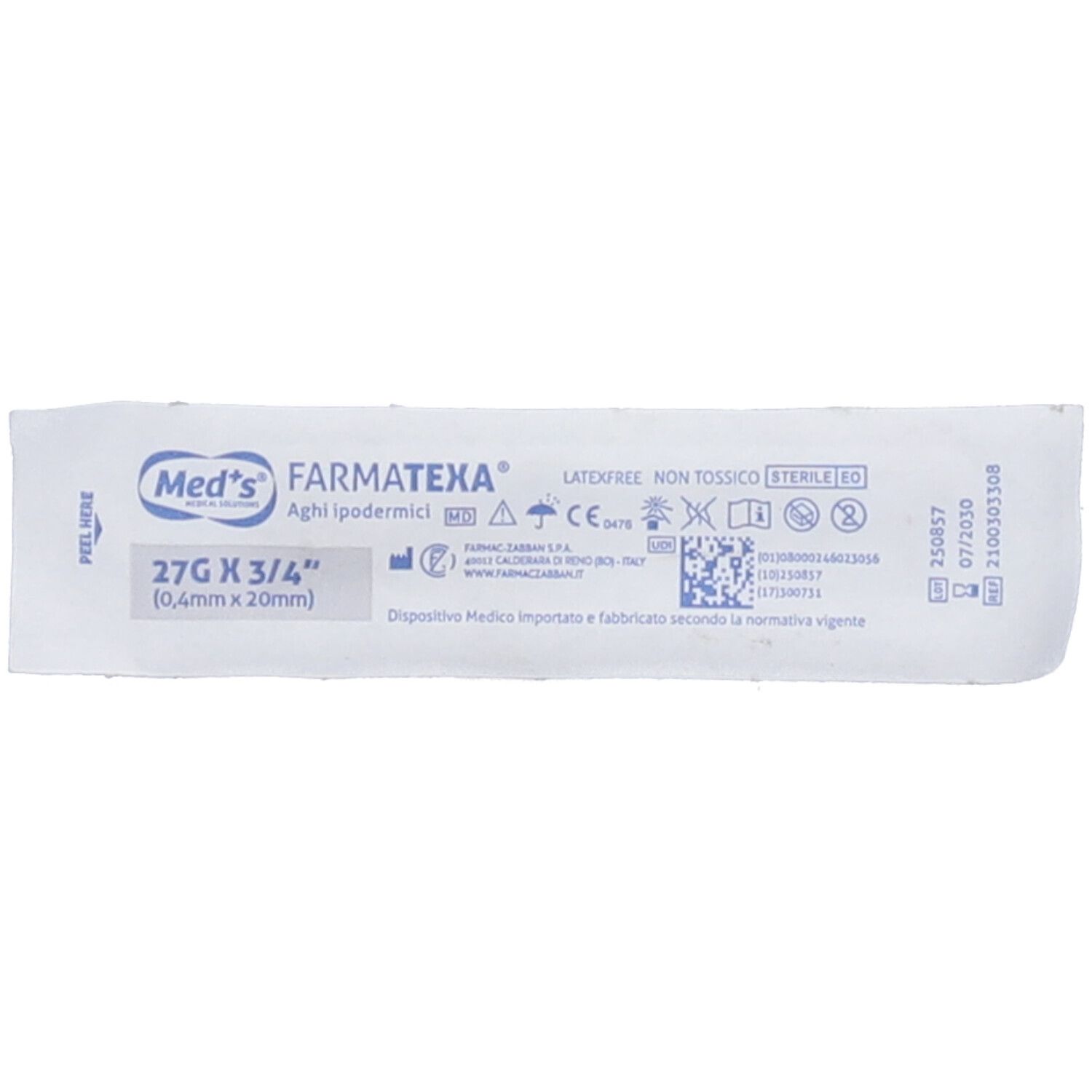 Confezione con stampa: 'Med's' e 'Farmatexa'. 27G x 3/4" (0,4mm x 20mm). Senza lattice e atossico. Sterile.