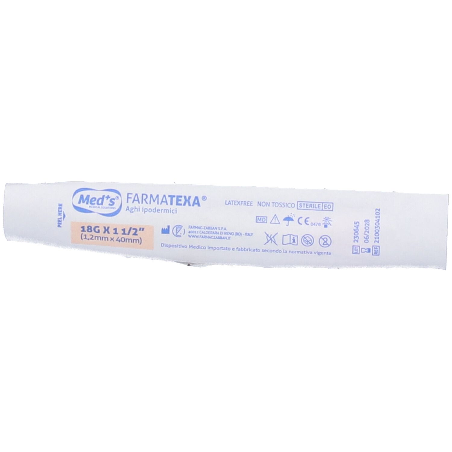 Confezione ago medico. Testo: 18G X 1 1/2 (1,2mm x 40mm).