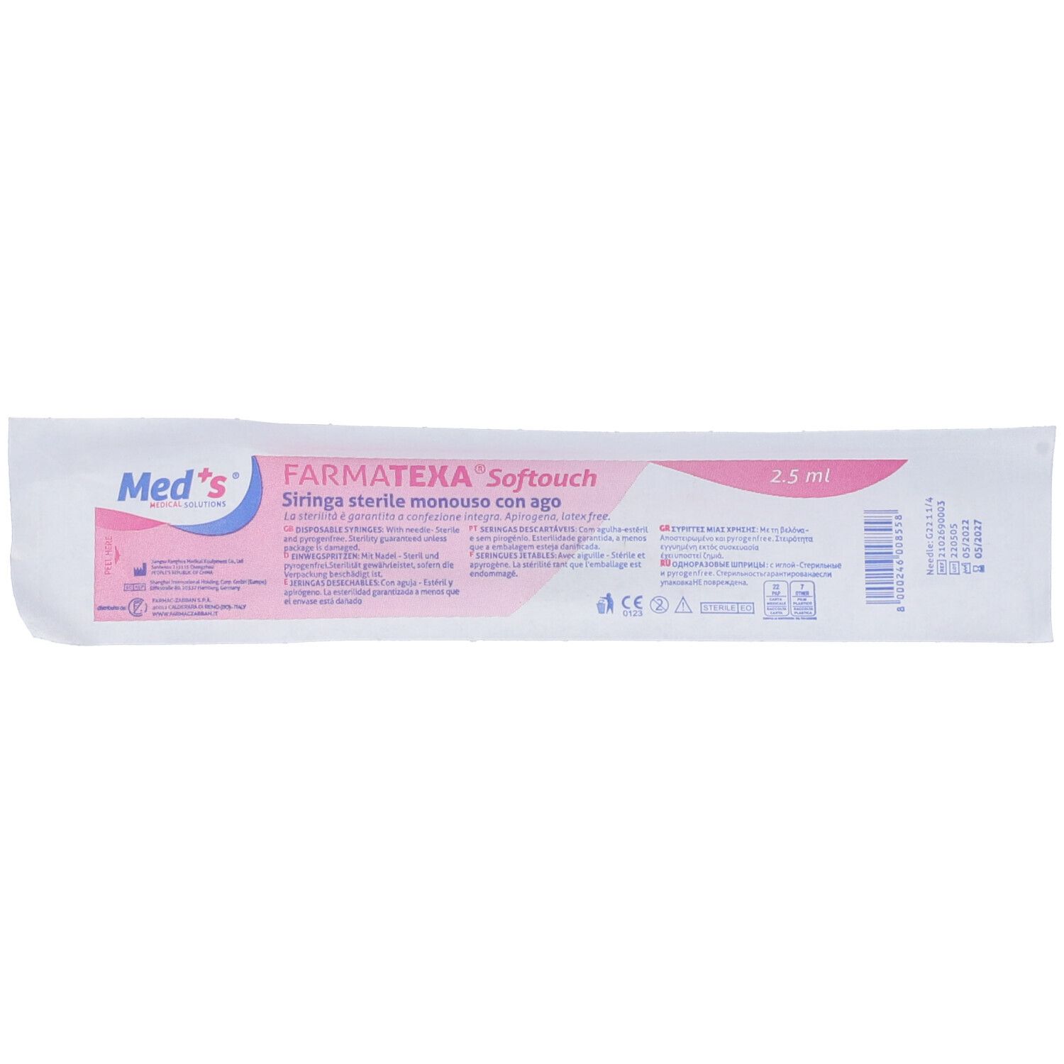 Confezione con testo: FARMATEXA Softouch, Siringa sterile monouso con ago, 2,5 ml.