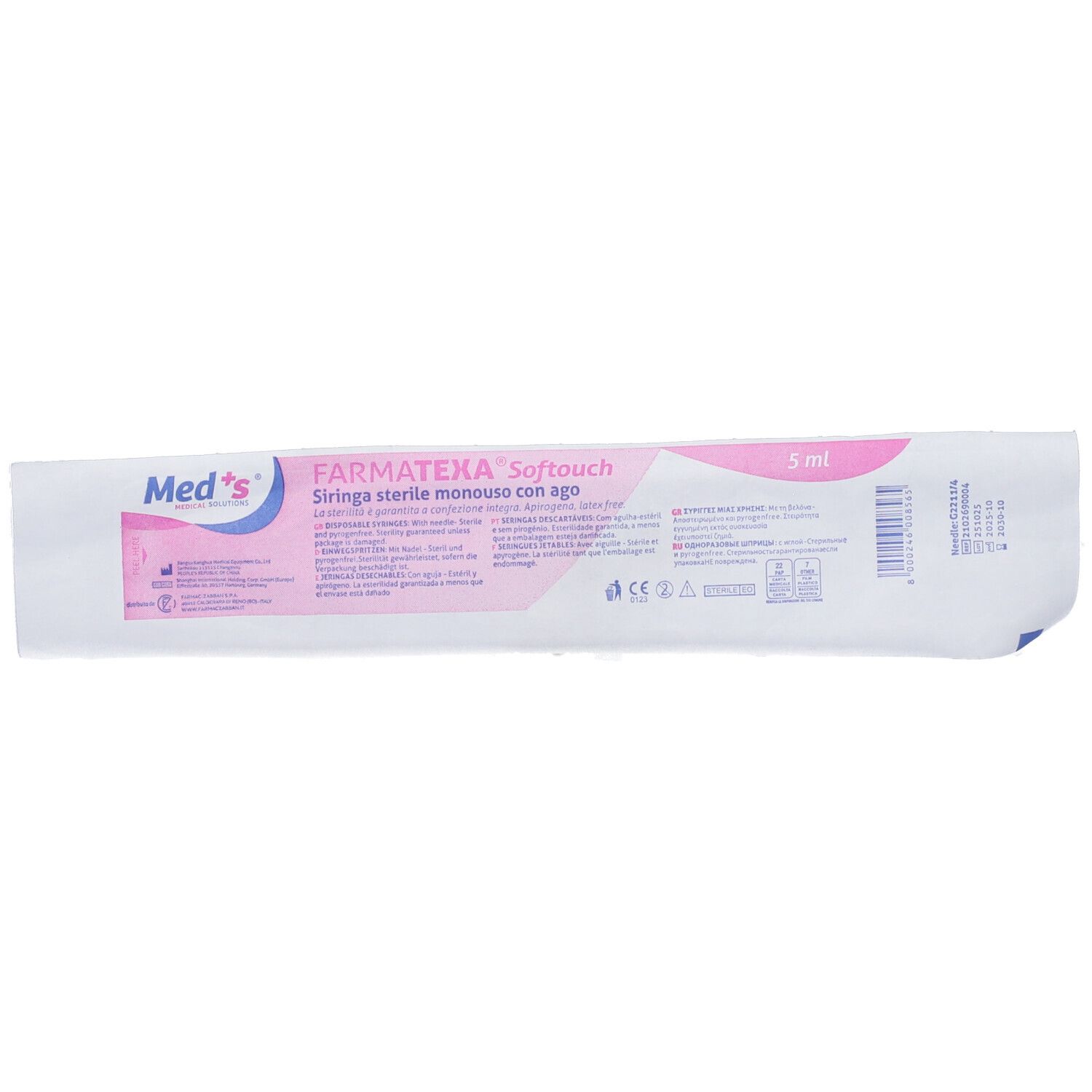 Confezione con informazioni sul prodotto. Scritta rosa e bianca. Marchio Med's. Nome del prodotto e volume.