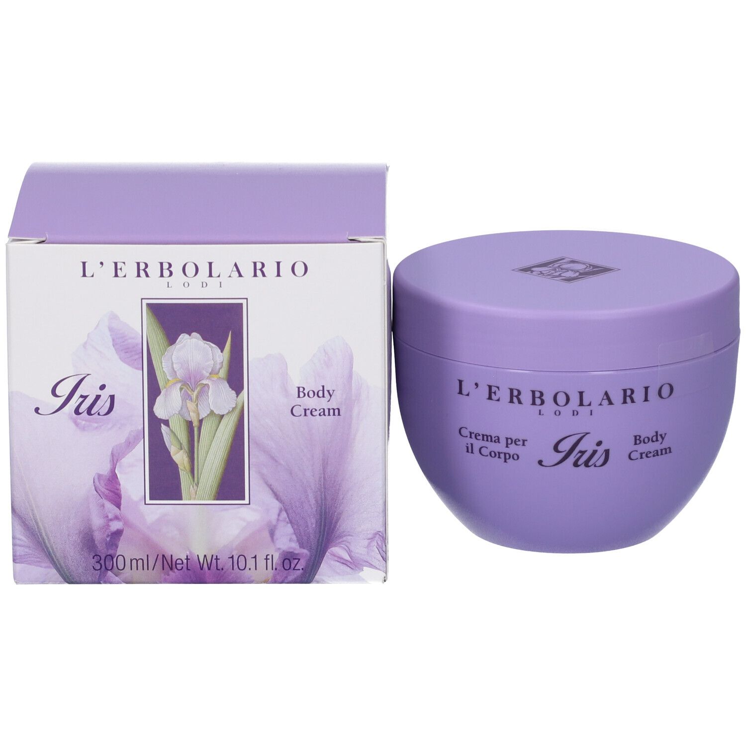 Vasetto L'Erbolario Iris Body Cream accanto alla sua confezione. La scatola mostra un iris e informazioni sul prodotto.