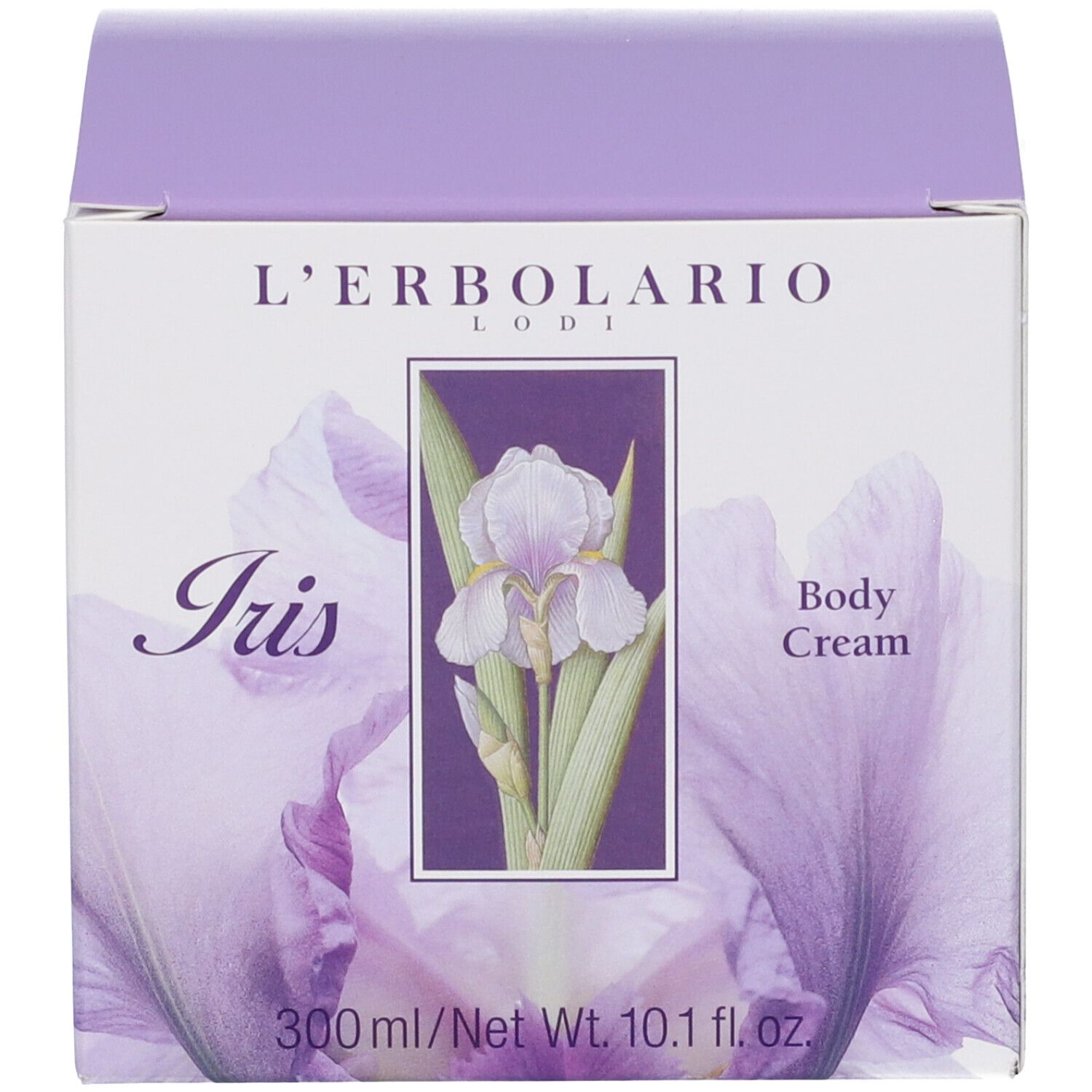 Confezione di L'Erbolario Iris Body Cream. La scatola mostra un iris, il nome del marchio e informazioni sul prodotto.