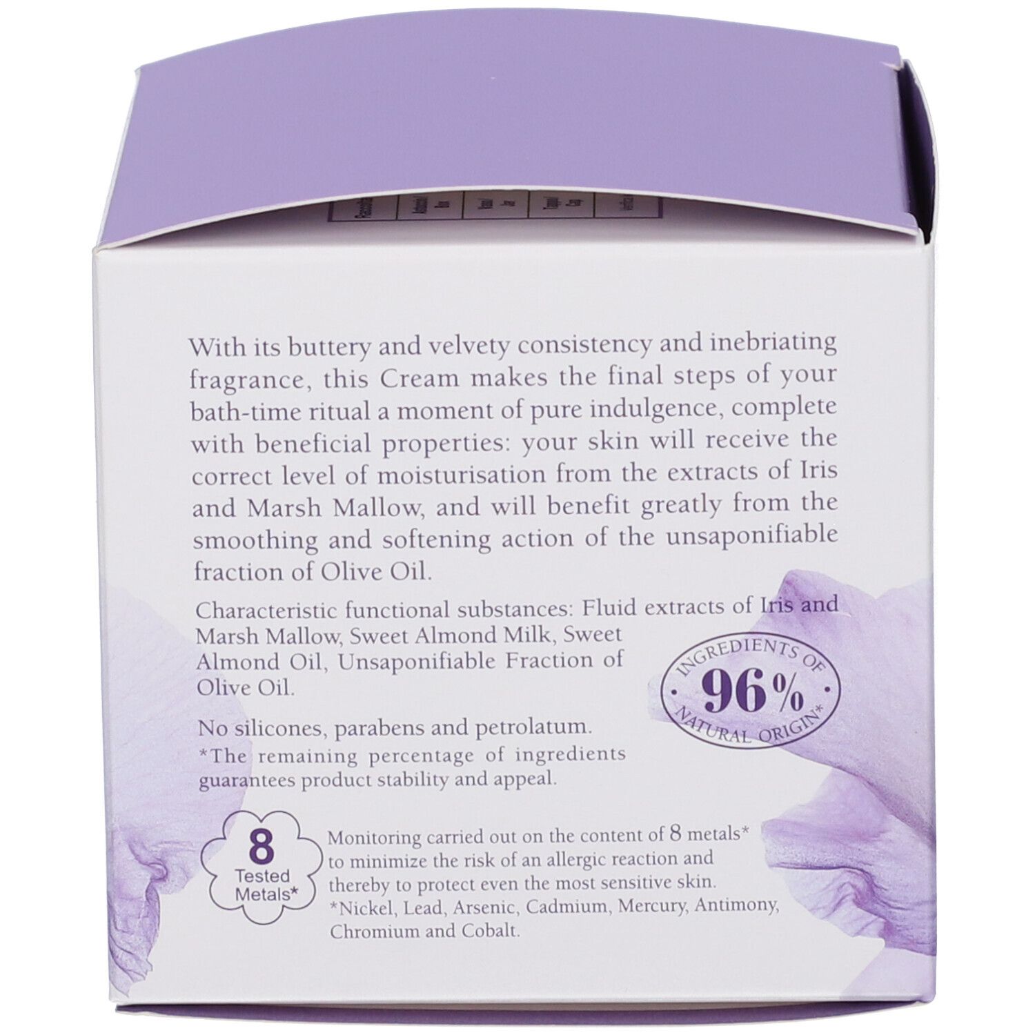 Retro della confezione L'Erbolario Iris Body Cream. Include descrizione dettagliata del prodotto, ingredienti e certificazioni.