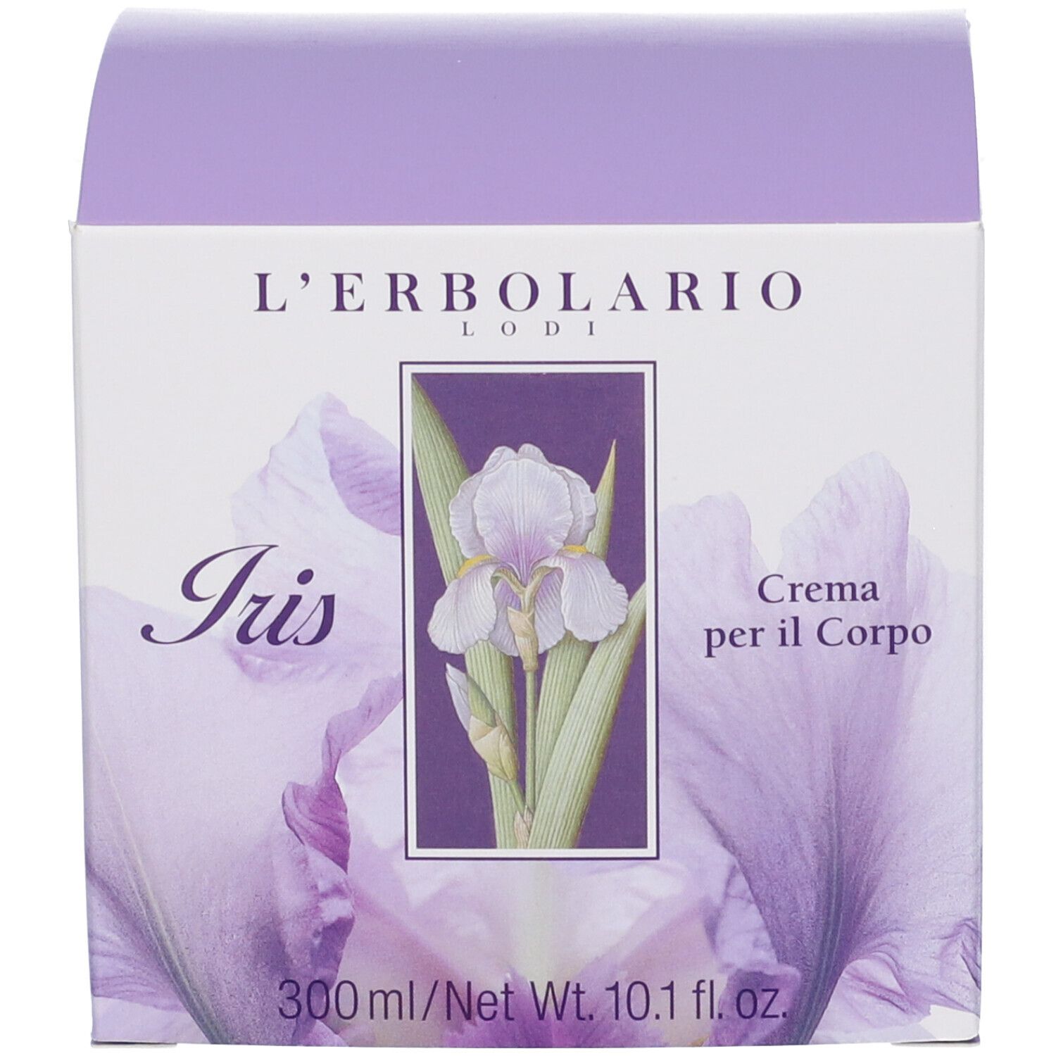 Fronte della confezione L'Erbolario Iris Body Cream. Mostra un iris, il nome del prodotto e la quantità (300ml).