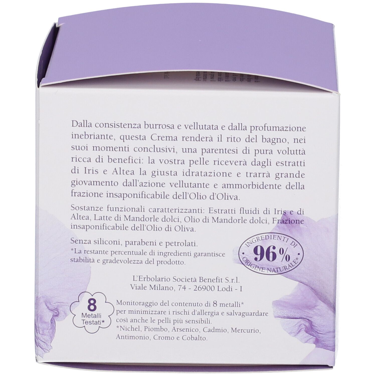 Lato della confezione L'Erbolario Iris Body Cream. Mostra un iris, il nome del prodotto e la quantità (300ml).