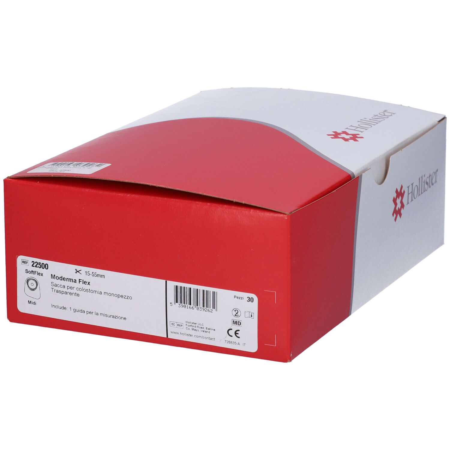 Confezione bianca e rossa con logo Hollister. Nome prodotto e codice a barre visibili.