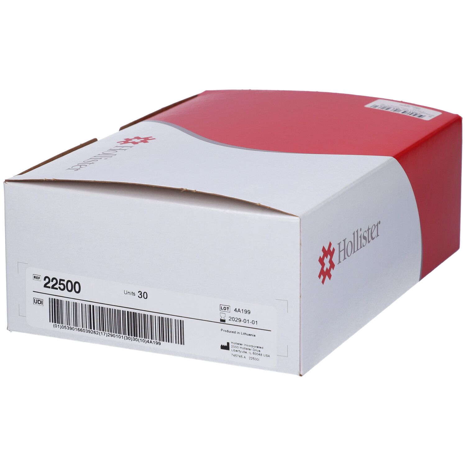 Confezione bianca e rossa con logo Hollister. Scritta: 22500, 30 pezzi.