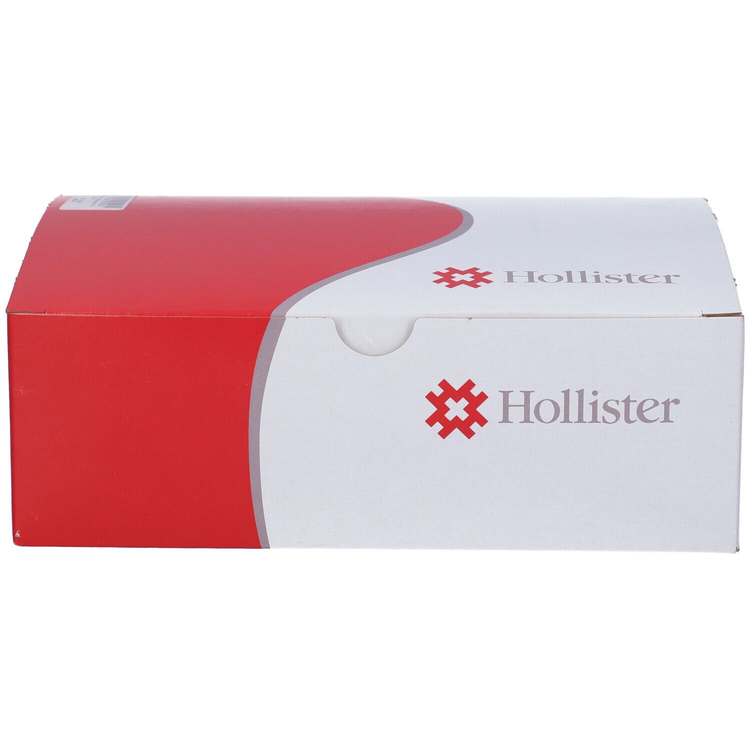 Confezione bianca e rossa con logo Hollister. Codice a barre e informazioni sul prodotto.