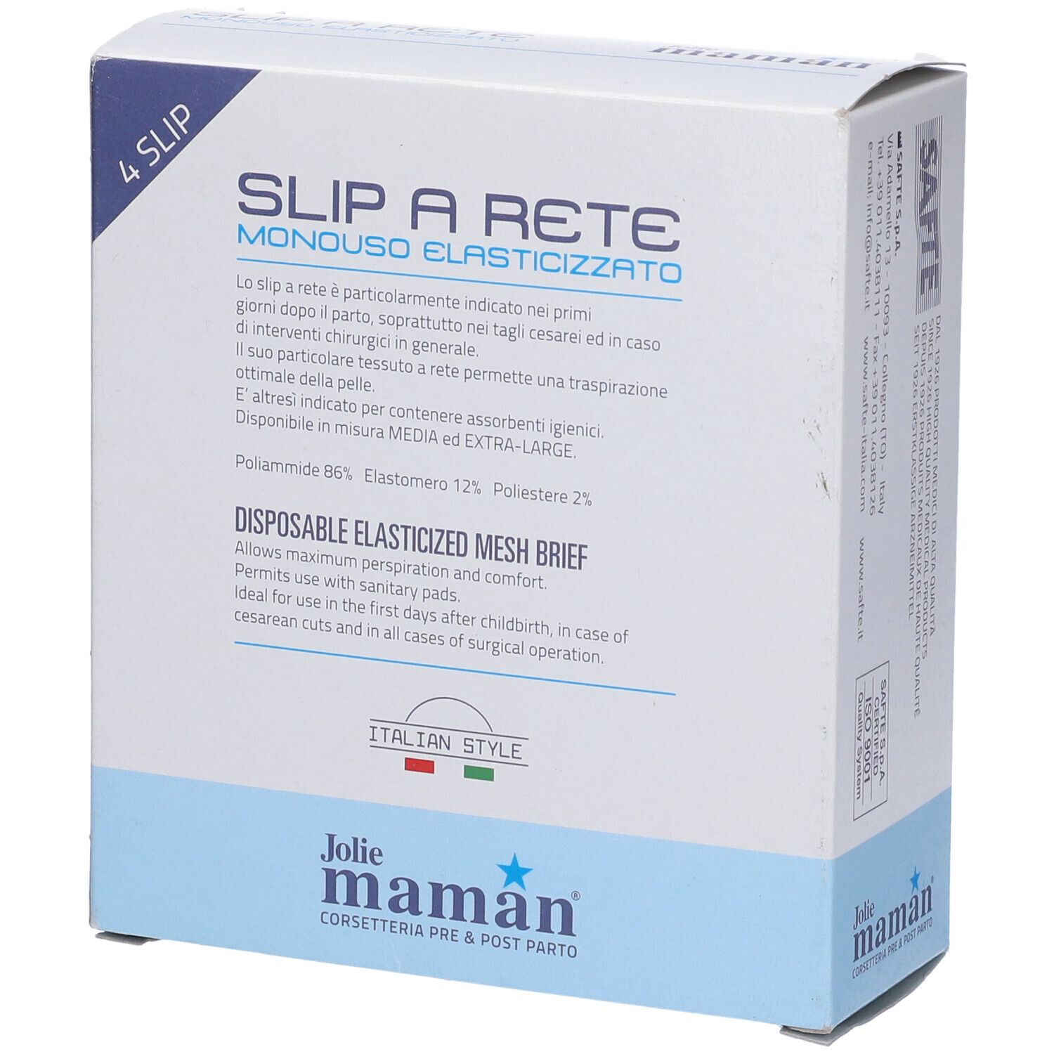 Confezione di Jolie Maman Slip Rete Monouso Elasticizzato. Contiene 4 pezzi. Testo in italiano e inglese.