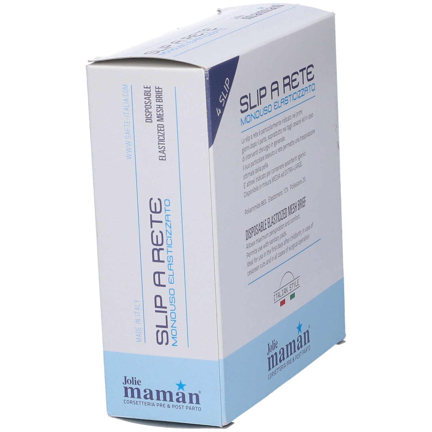 Confezione di Jolie Maman Slip Rete Monouso Elasticizzato in prospettiva. Testo in italiano e inglese.