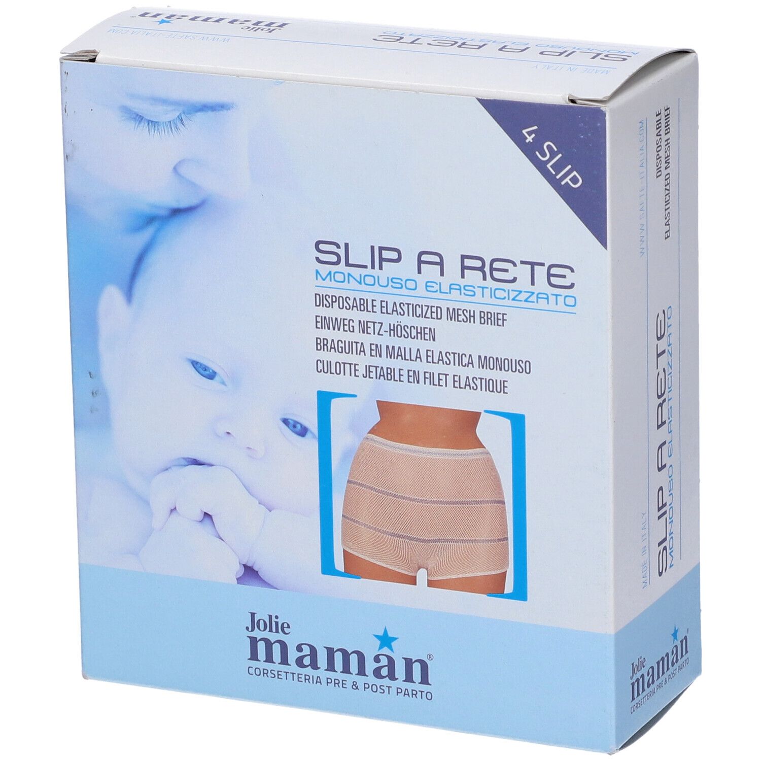 Confezione di Jolie Maman Slip Rete Monouso Elasticizzato. Immagine di un bambino e dello slip a rete.