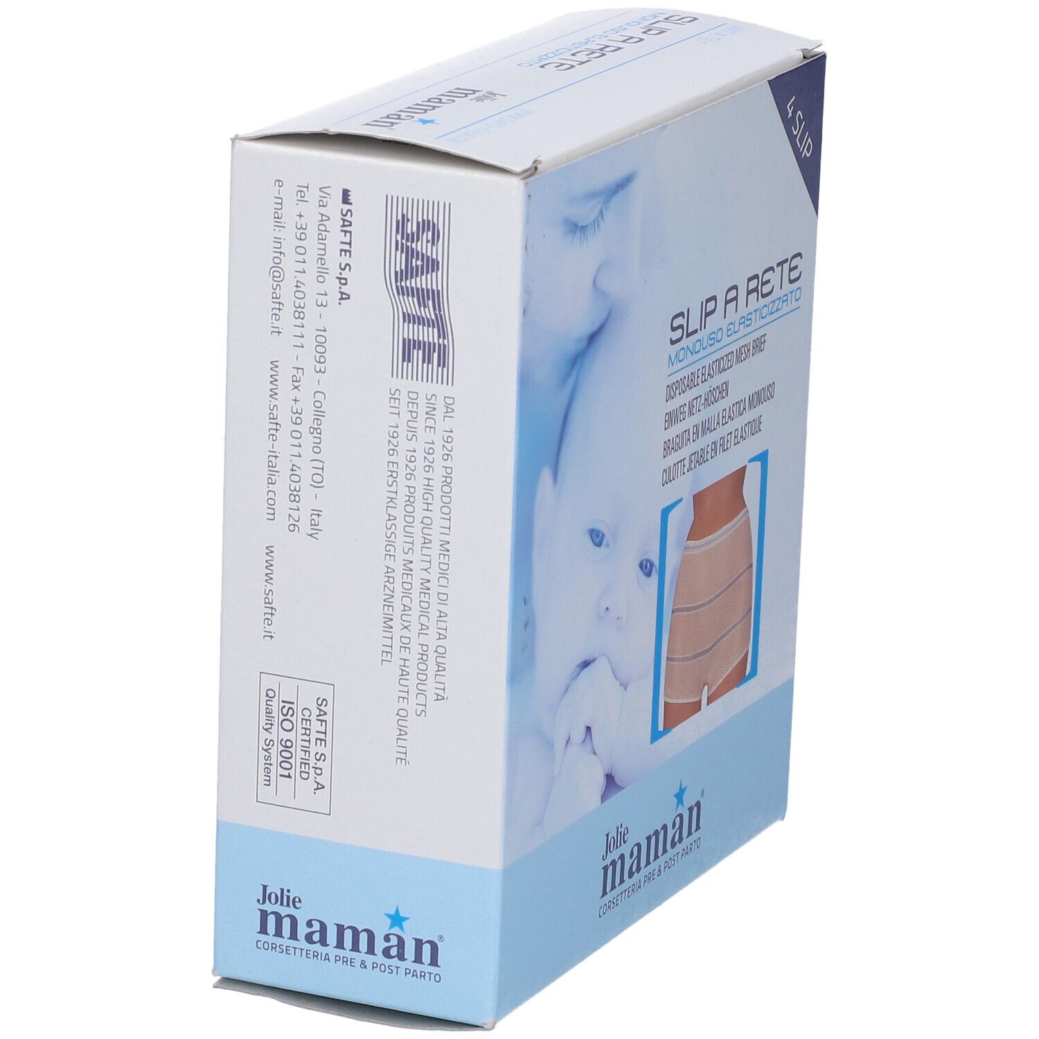 Confezione di Jolie Maman Slip Rete Monouso Elasticizzato in prospettiva. Testo e logo visibili.
