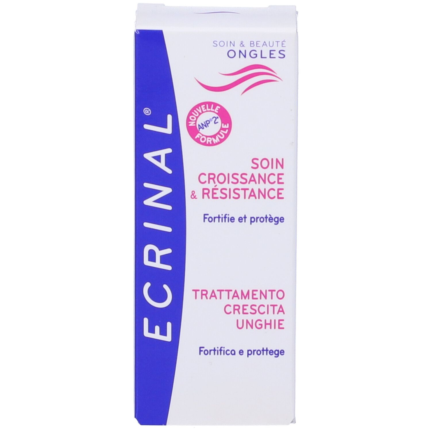 Scatola bianca con striscia blu e accenti rosa. Stampato: "ECRINAL", "SOIN CROISSANCE & RÉSISTANCE" e "TRATTAMENTO CRESCITA UNGHIE".