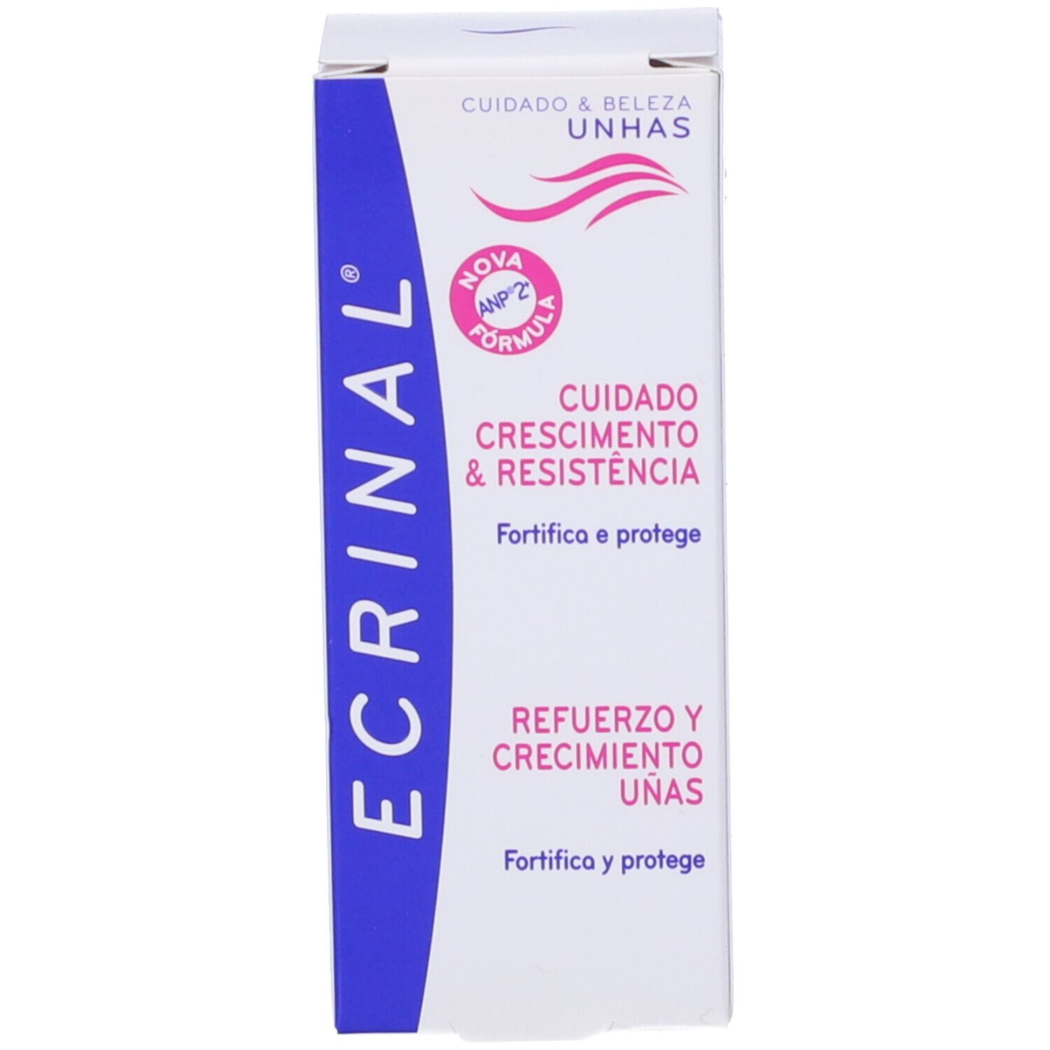 Scatola con striscia blu e accenti rosa. Stampato: "ECRINAL", "CUIDADO CRESCIMENTO & RESISTÊNCIA" e "REFUERZO Y CRECIMIENTO UNAS".