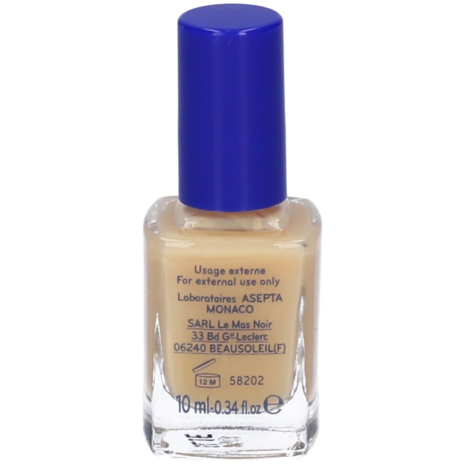 Retro del flacone di smalto per unghie. Scritta: Usage externe, Laboratoires ASEPTA MONACO, 10 ml - 0.34 fl.oz.