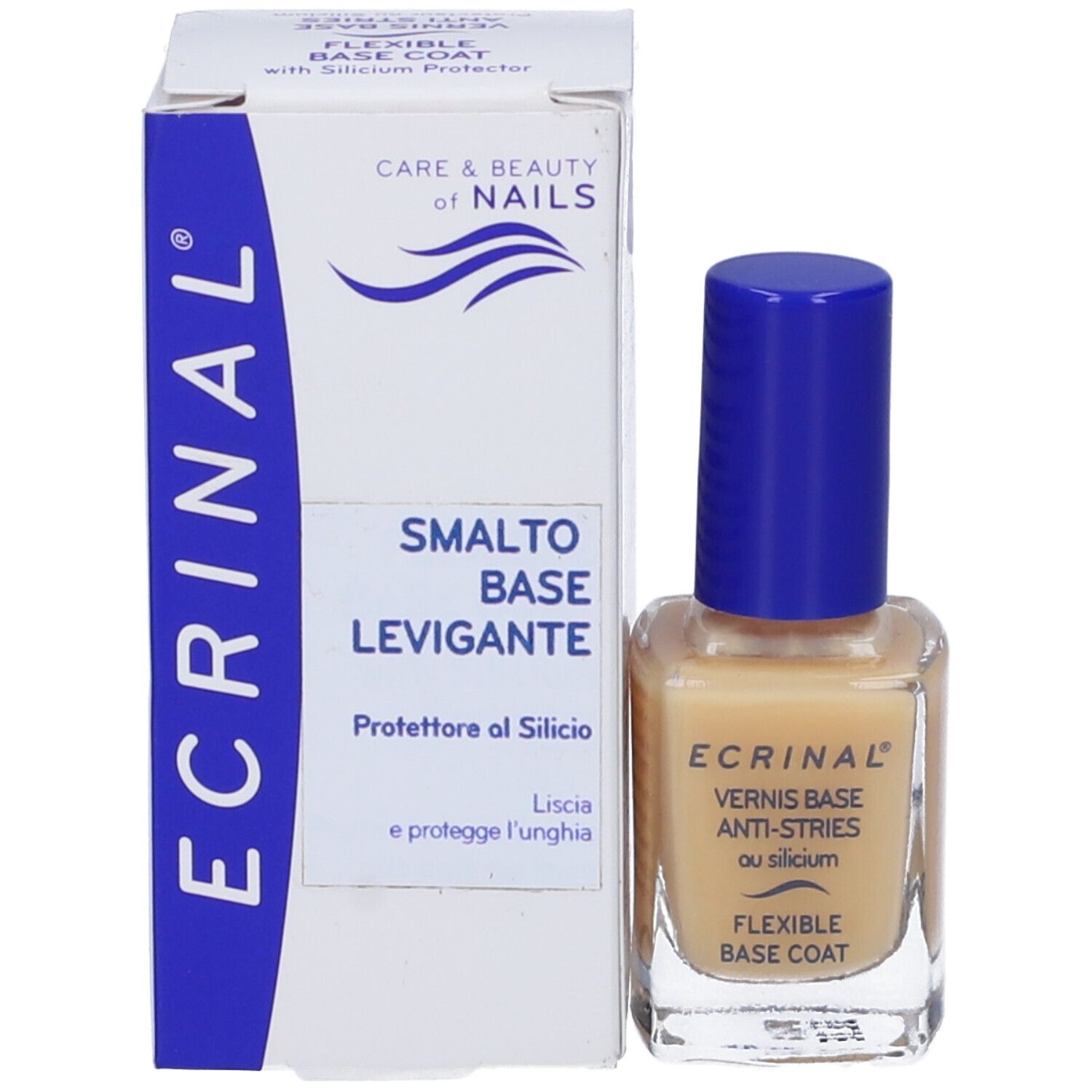 Flacone di smalto per unghie e scatola. Scritta: ECRINAL, CARE & BEAUTY of NAILS, SMALTO BASE LEVIGANTE.