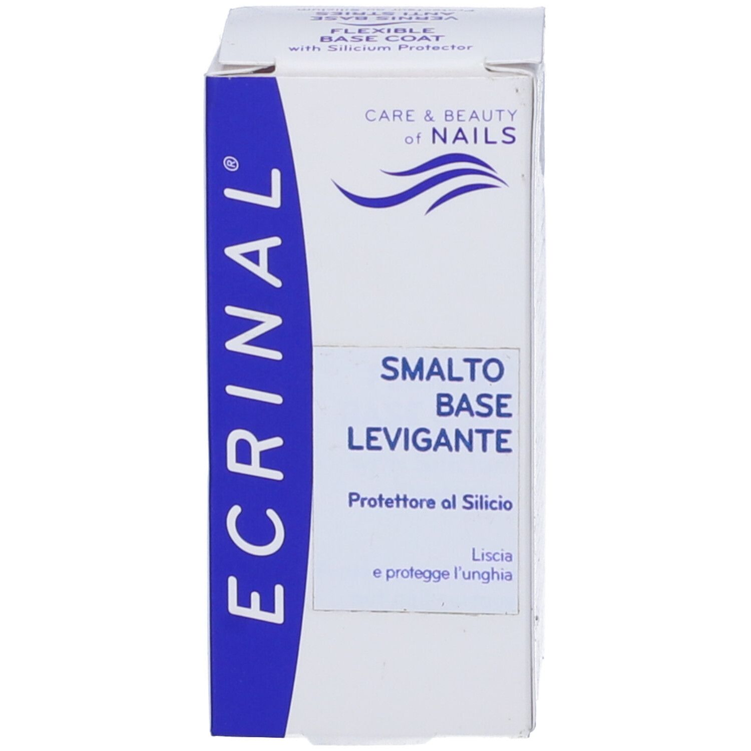 Scatola bianca con logo blu. Scritta: ECRINAL, SMALTO BASE LEVIGANTE, CARE & BEAUTY of NAILS.