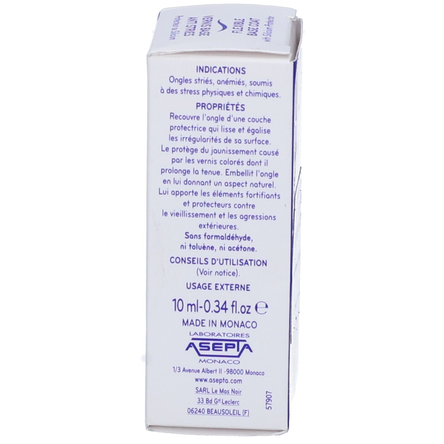 Retro della scatola. Scritta: 10 ml - 0.34 fl.oz, Usage externe, Ingredienti, Laboratoires ASEPTA MONACO.