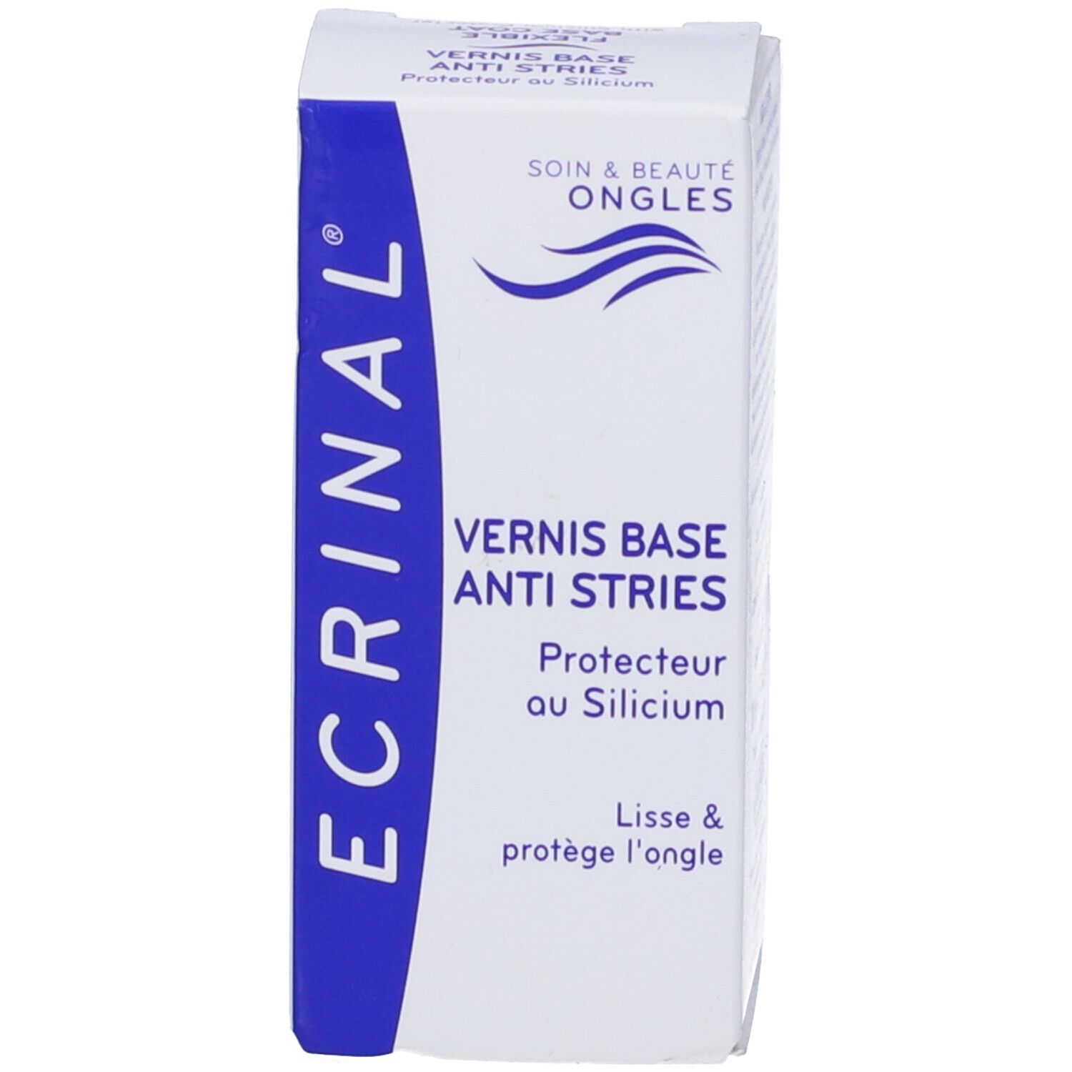 Scatola con logo blu. Scritta: ECRINAL, VERNIS BASE ANTI STRIES, SOIN & BEAUTÉ ONGLES.