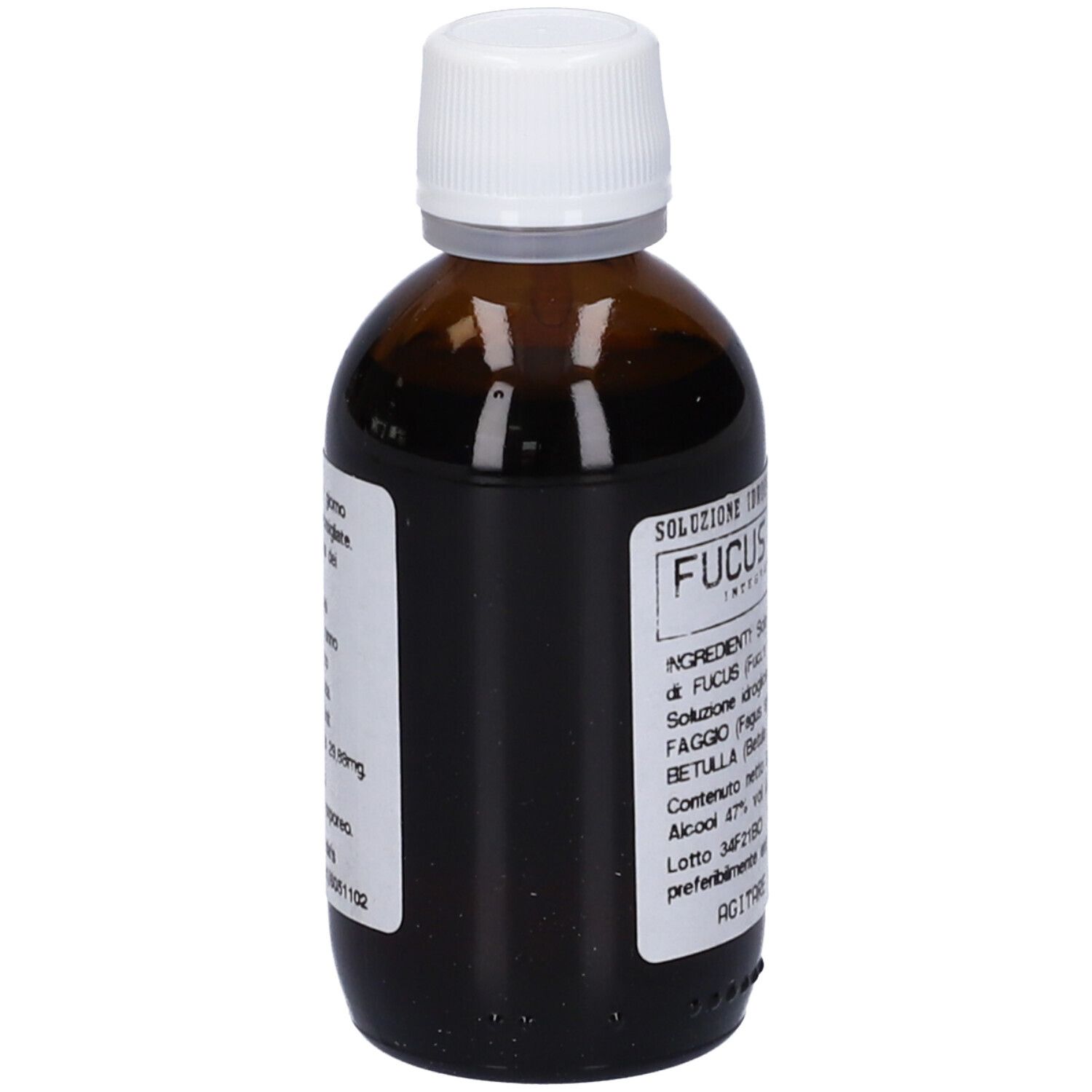 Flacone di vetro marrone con tappo bianco. Etichetta con testo. Nome prodotto: Fucus Linda's.