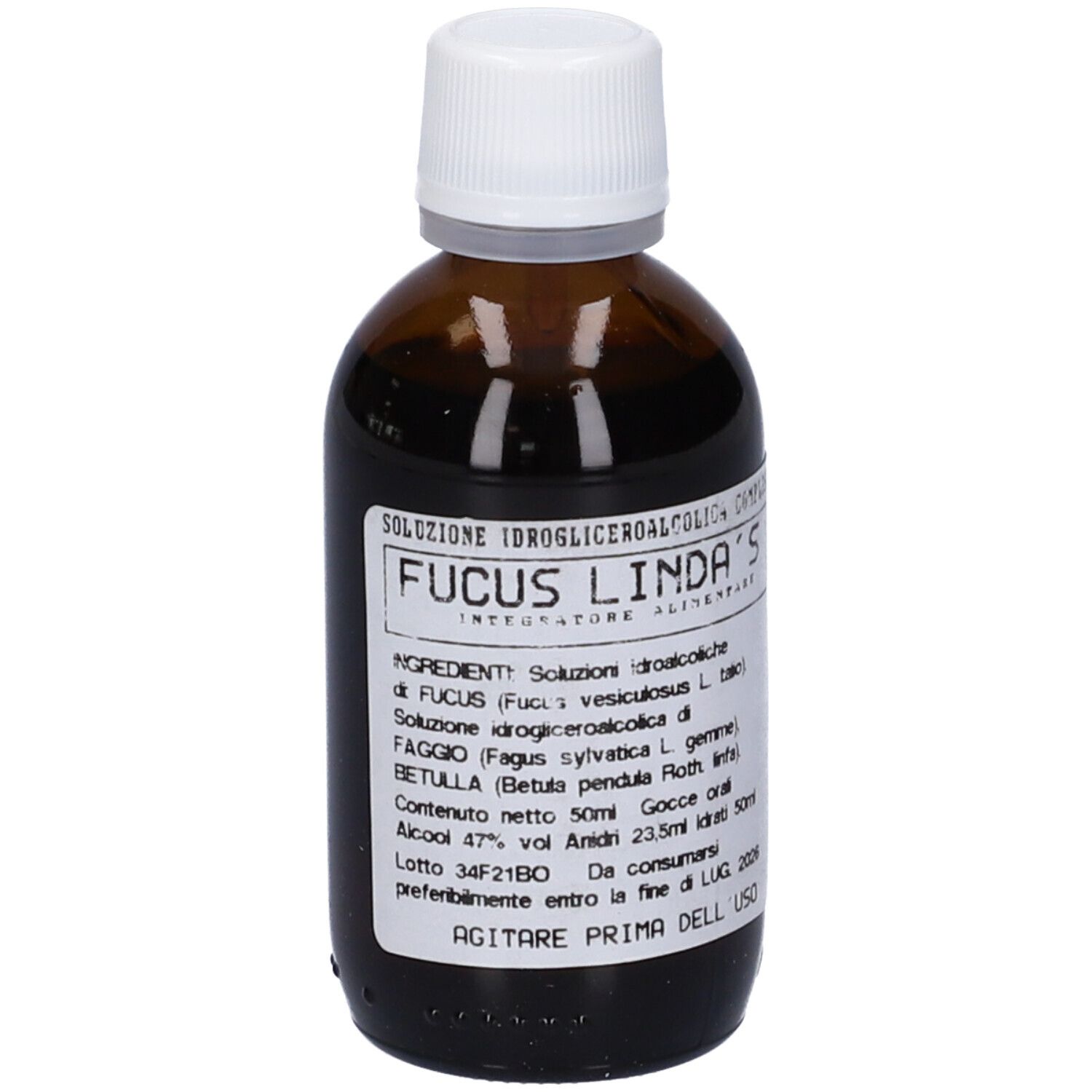 Flacone di vetro marrone con tappo bianco. Etichetta con testo. Nome prodotto: Fucus Linda's.