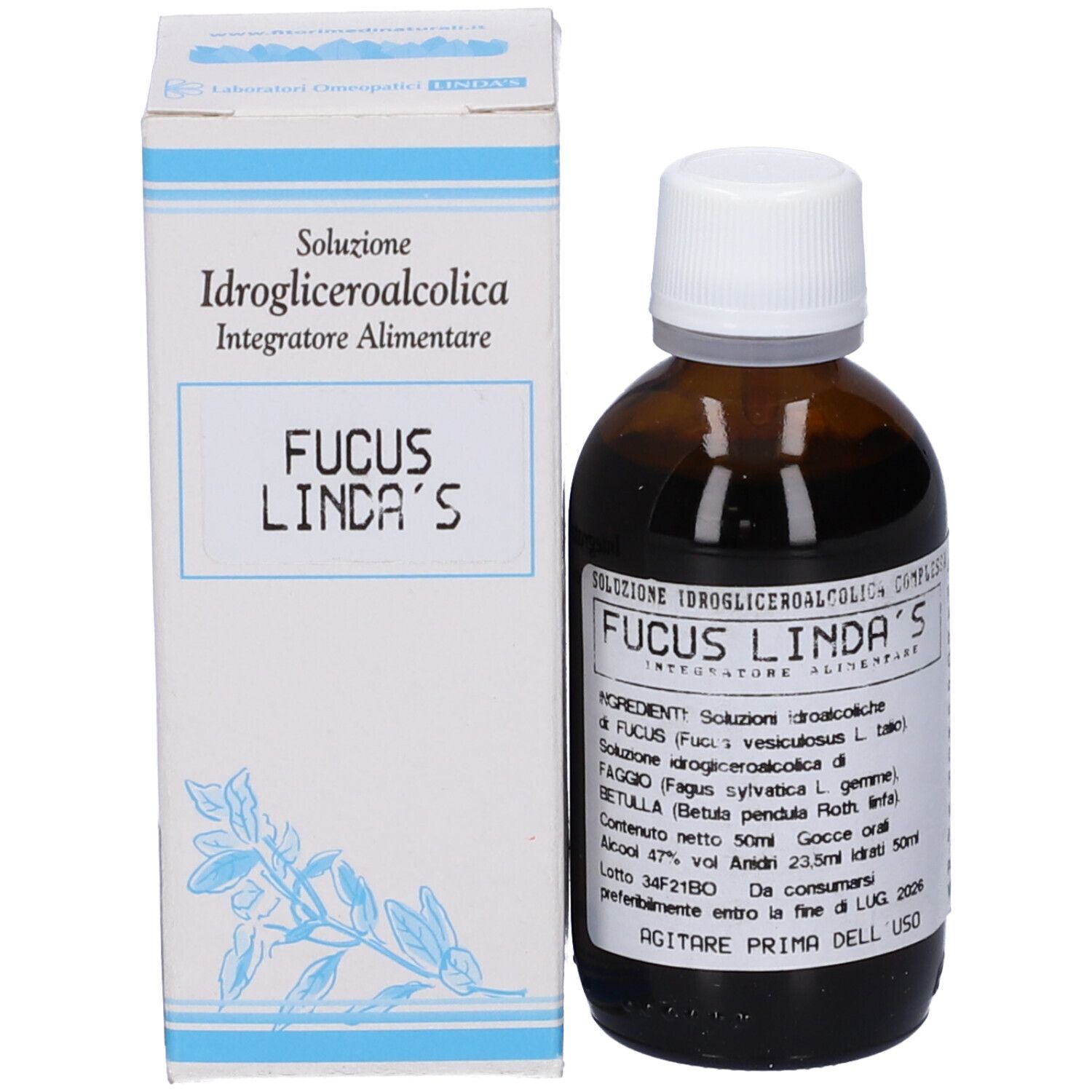 Flacone di vetro marrone con tappo bianco e scatola. Scatola con testo: Fucus Linda's.
