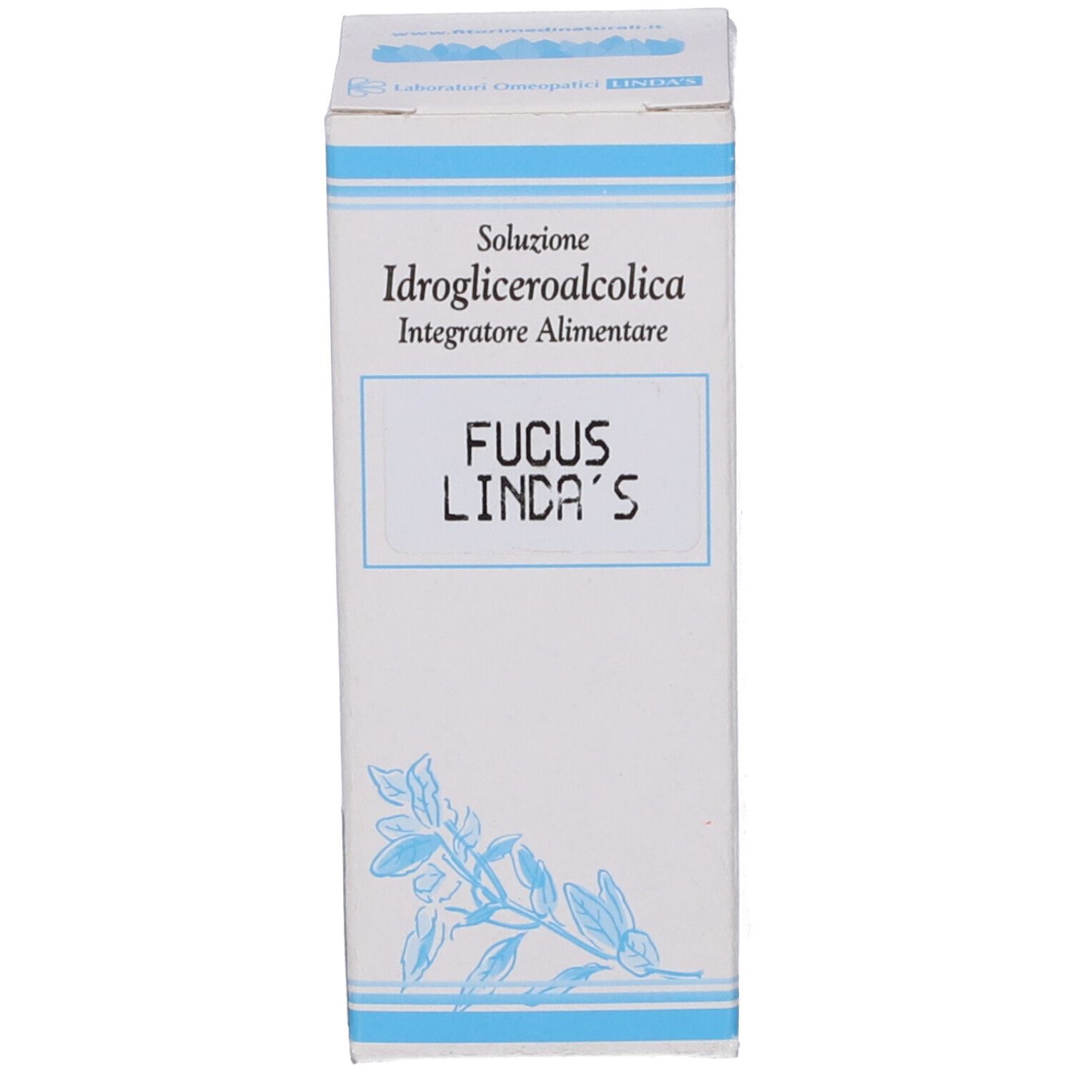 Scatola bianca con logo blu e testo: Fucus Linda's.
